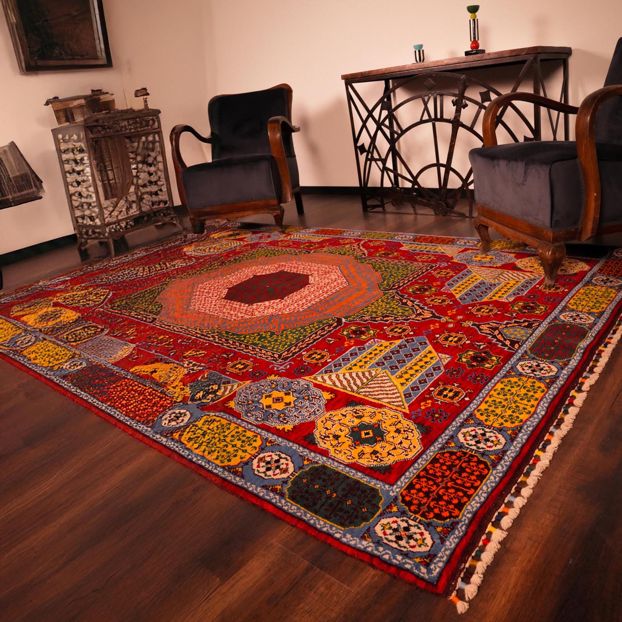 Hand-Woven Mamluk Patterned Wool Colorful Carpet