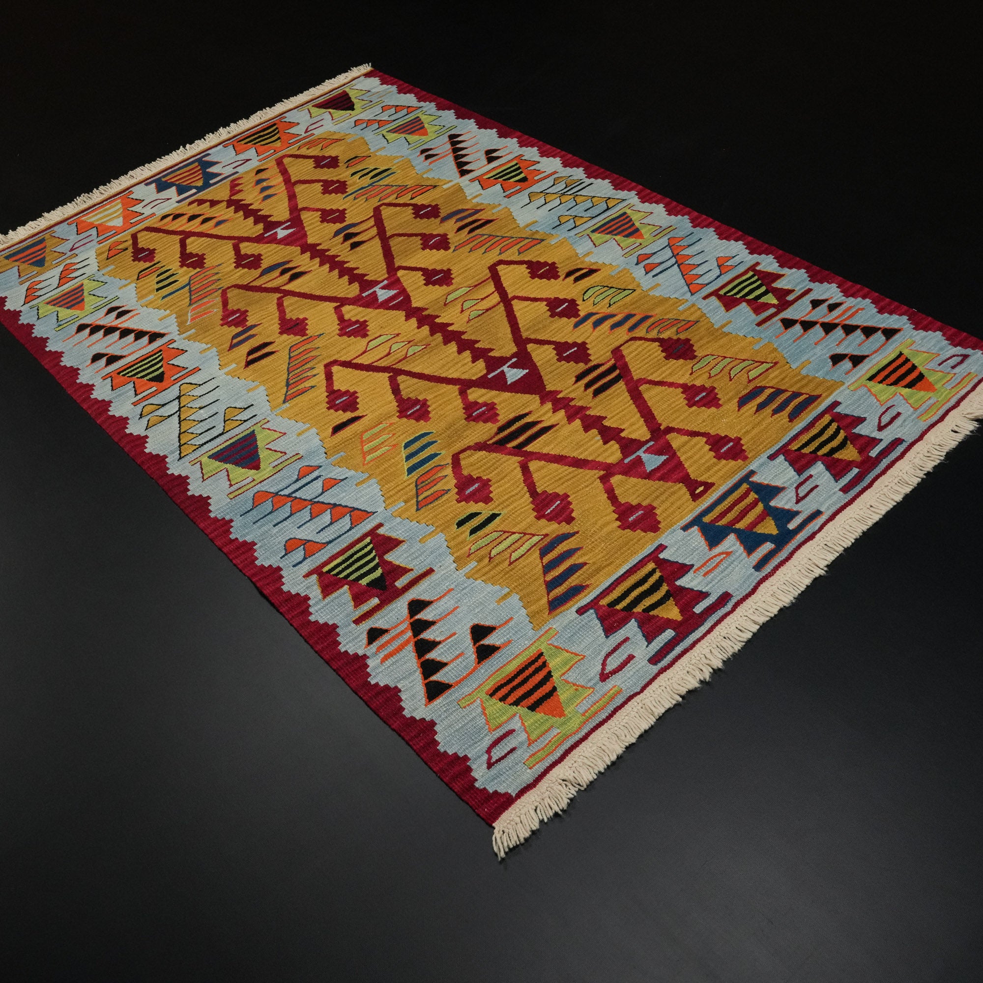 Hand Woven Anatolian Patterned Root Dyed Colorful Wool Uşak Rug