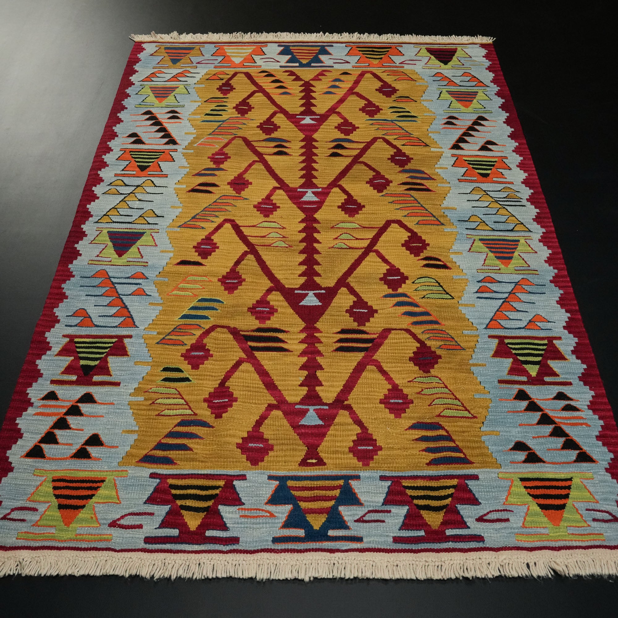 Hand Woven Anatolian Patterned Root Dyed Colorful Wool Uşak Rug