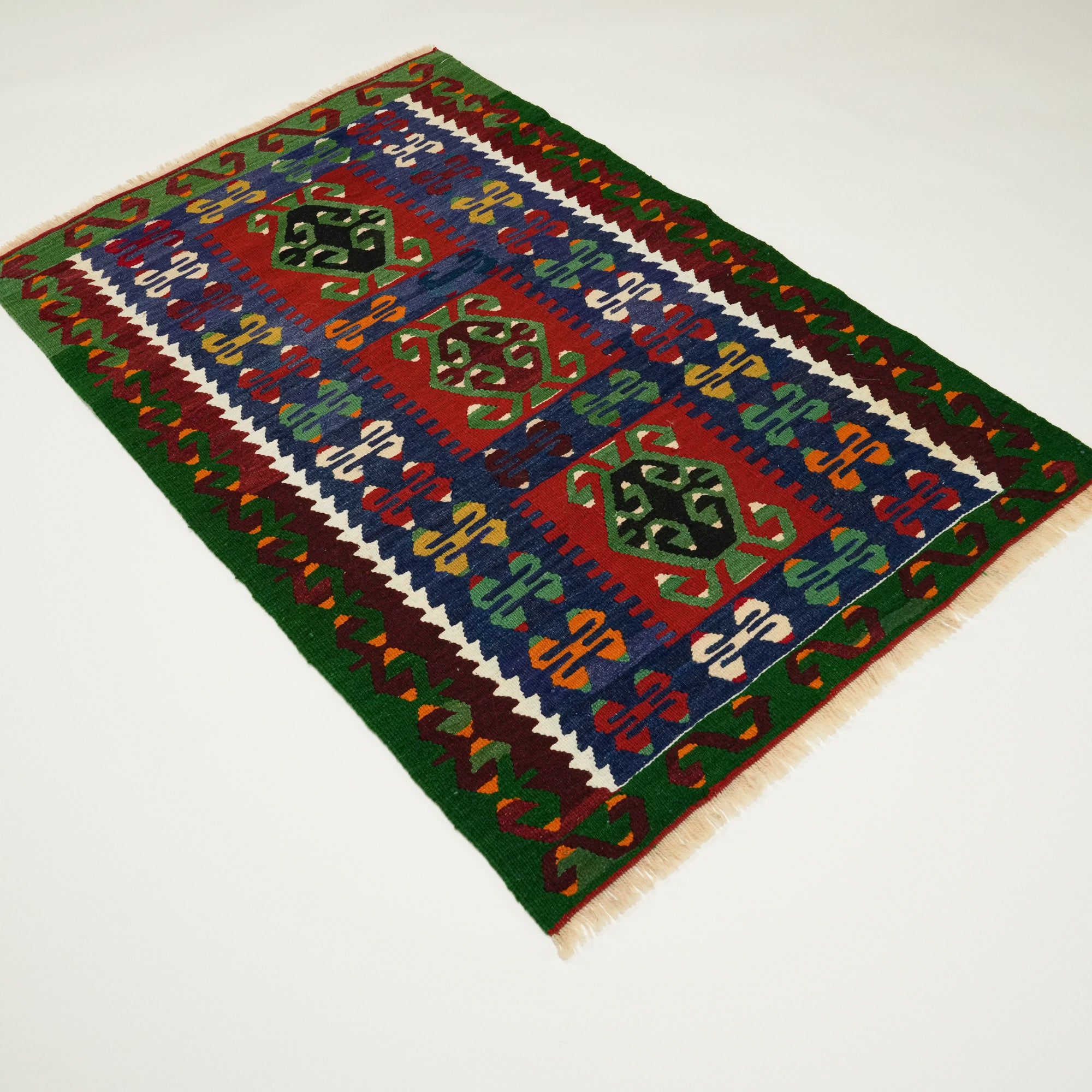 Hand-Woven Anatolian Patterned Colorful Wool Eşme Village Rug