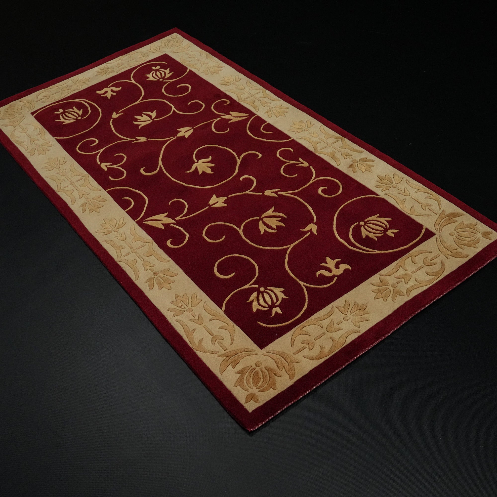 Handwoven Frame Patterned Burgundy Silk Carpet