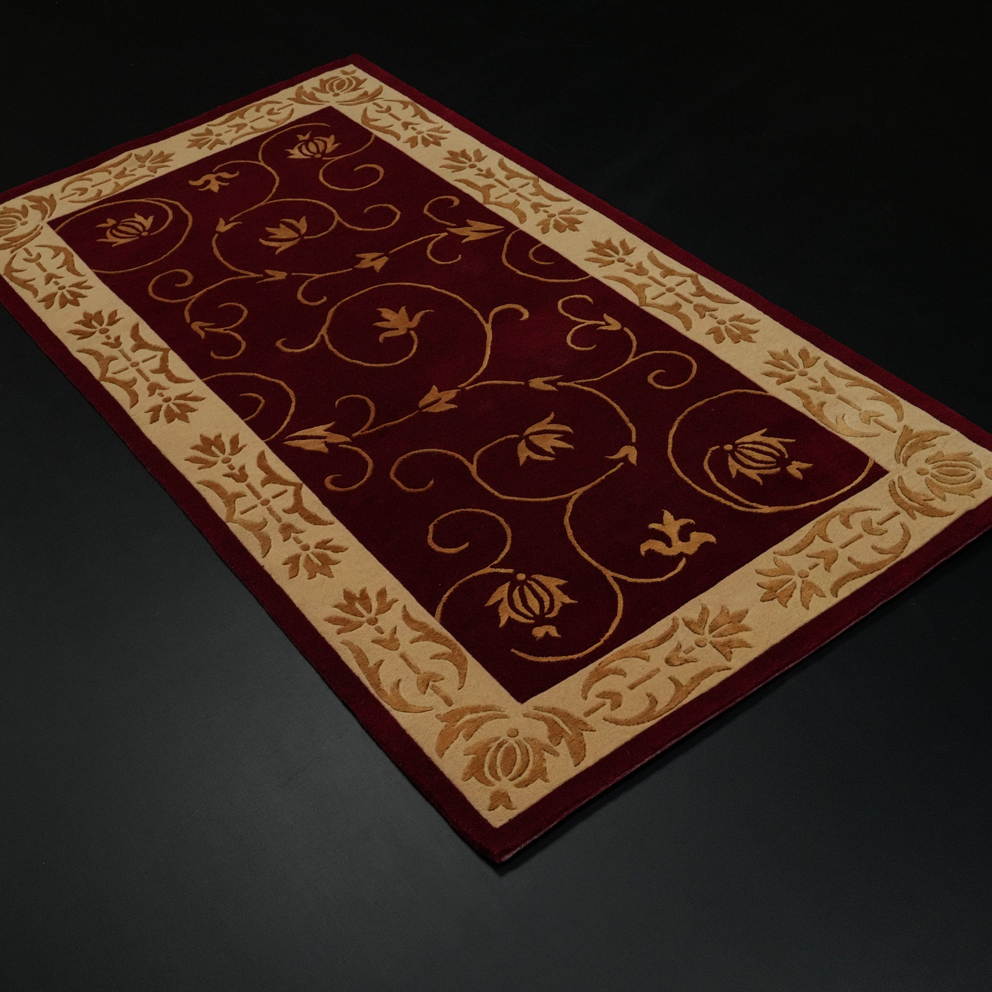 Handwoven Frame Patterned Burgundy Silk Carpet