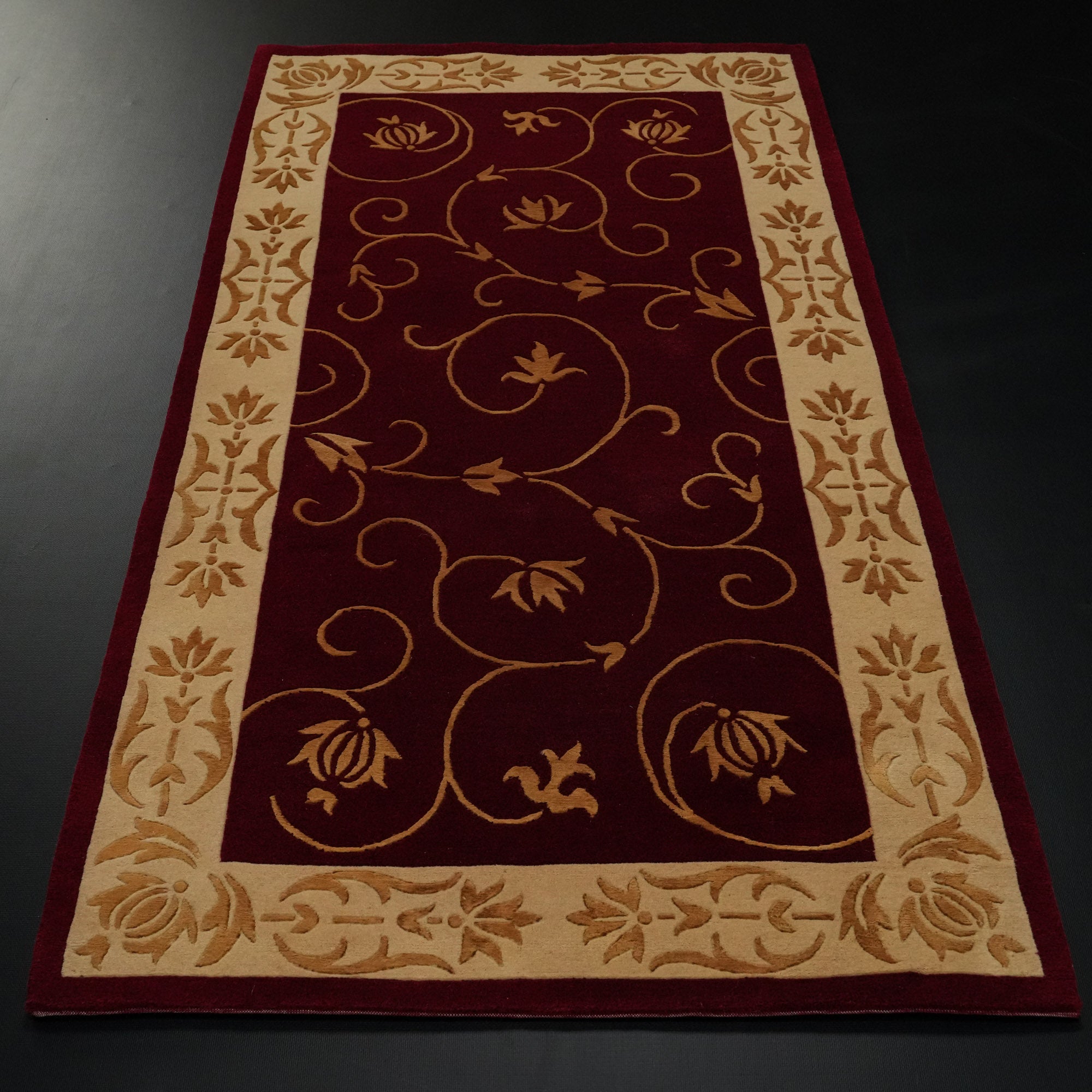 Handwoven Frame Patterned Burgundy Silk Carpet