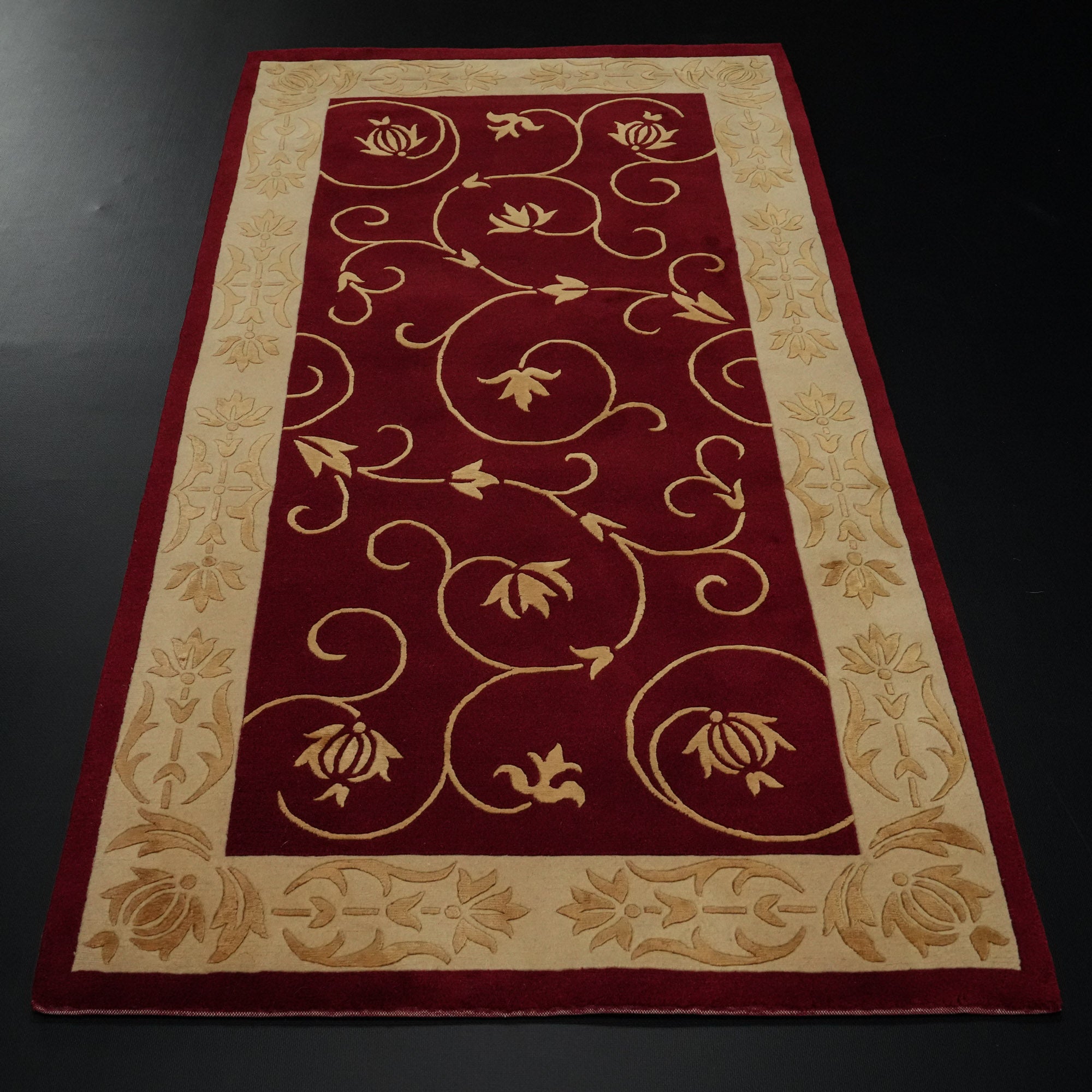 Handwoven Frame Patterned Burgundy Silk Carpet