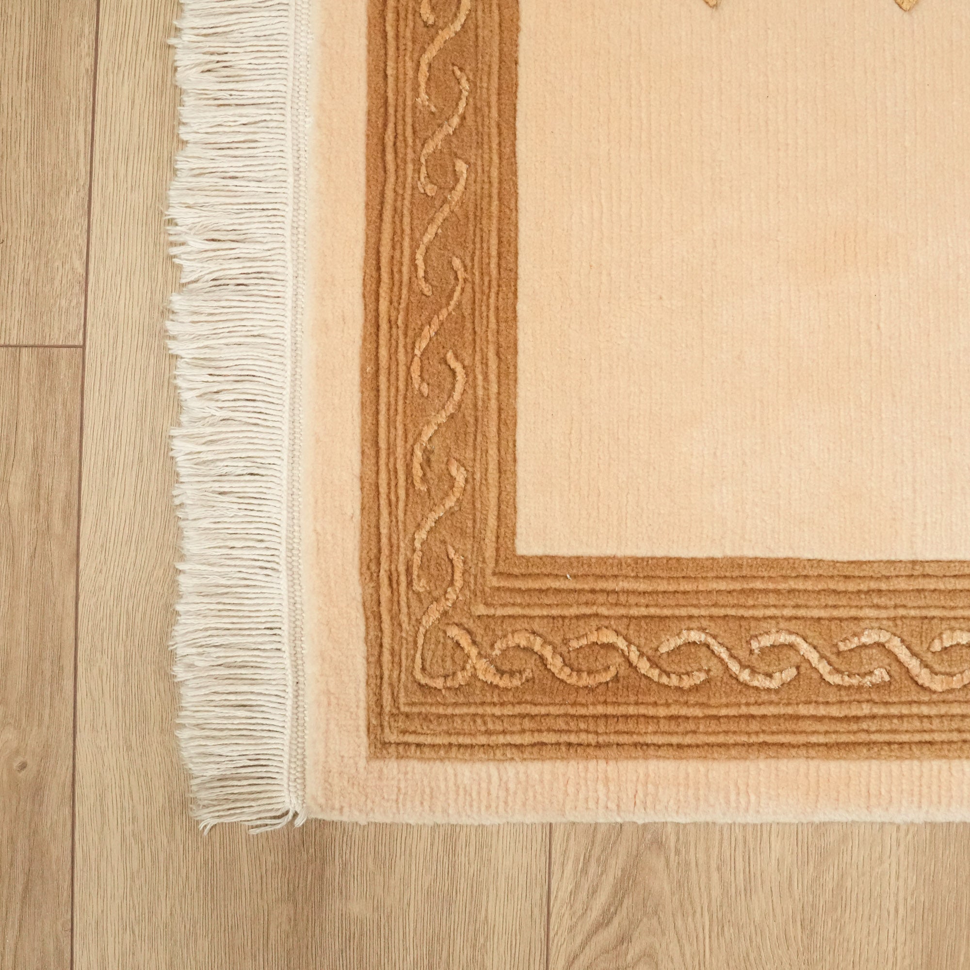 Hand Woven Frame Patterned Cream Wool Carpet