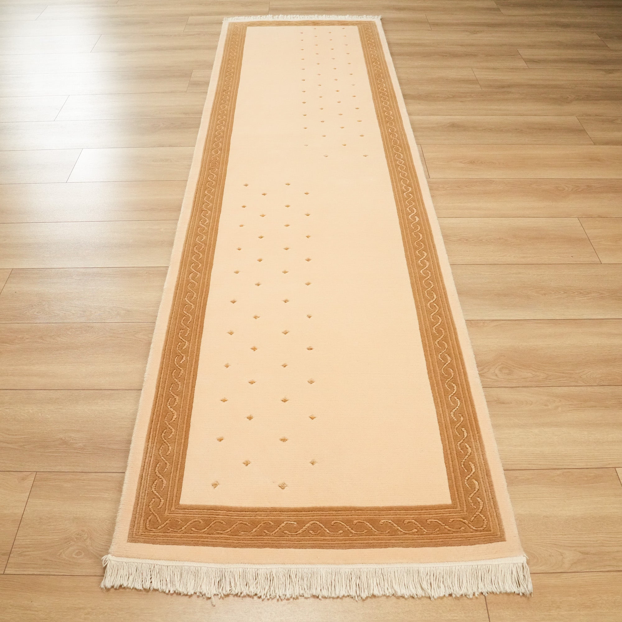 Hand Woven Frame Patterned Cream Wool Carpet