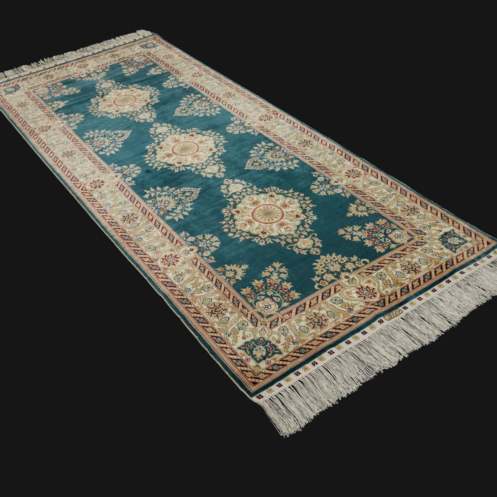 Hand-Woven Frame Patterned Blue Silk Carpet