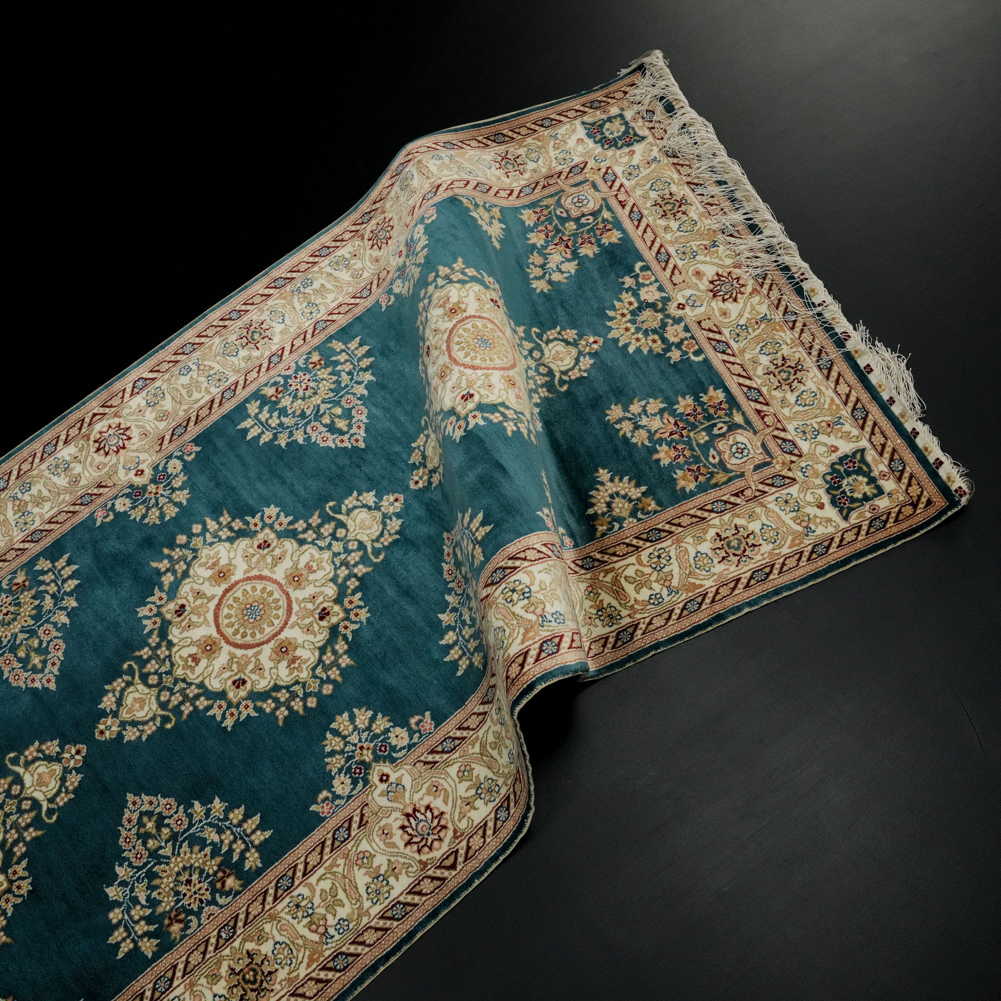 Hand-Woven Frame Patterned Blue Silk Carpet