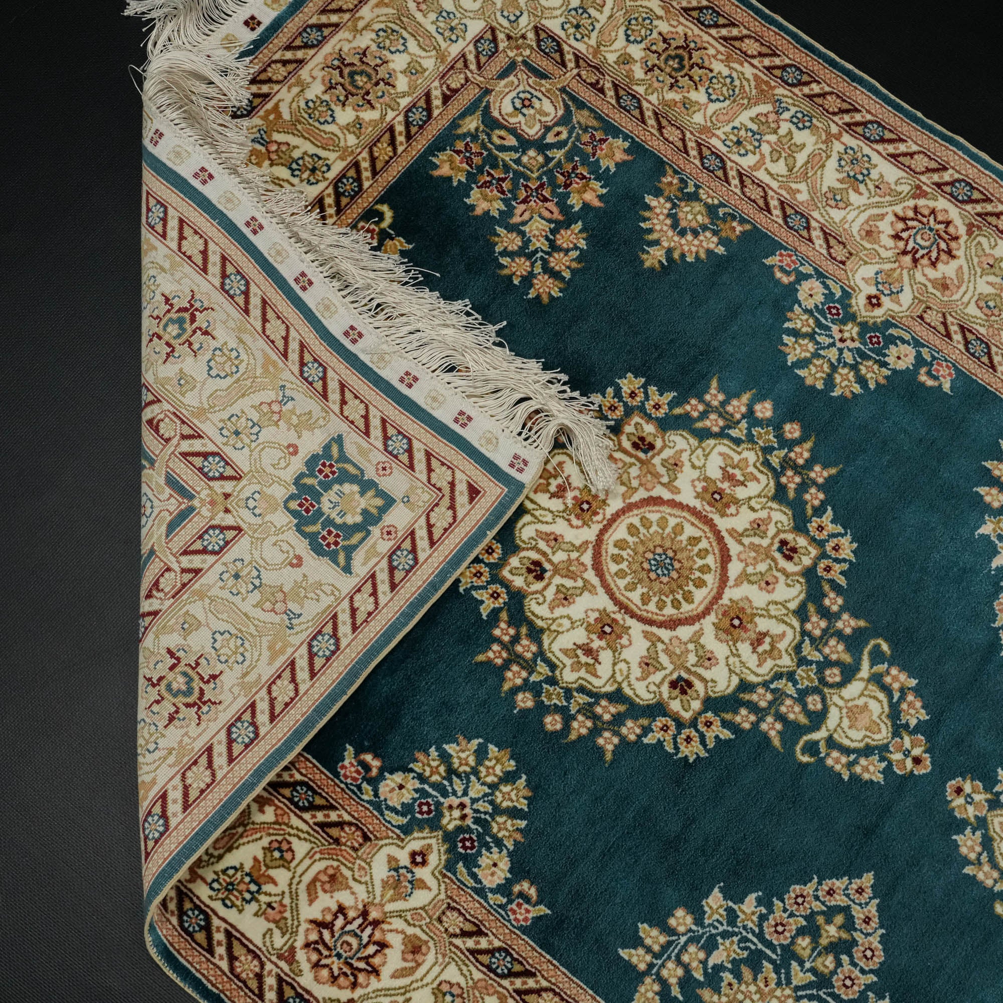 Hand-Woven Frame Patterned Blue Silk Carpet