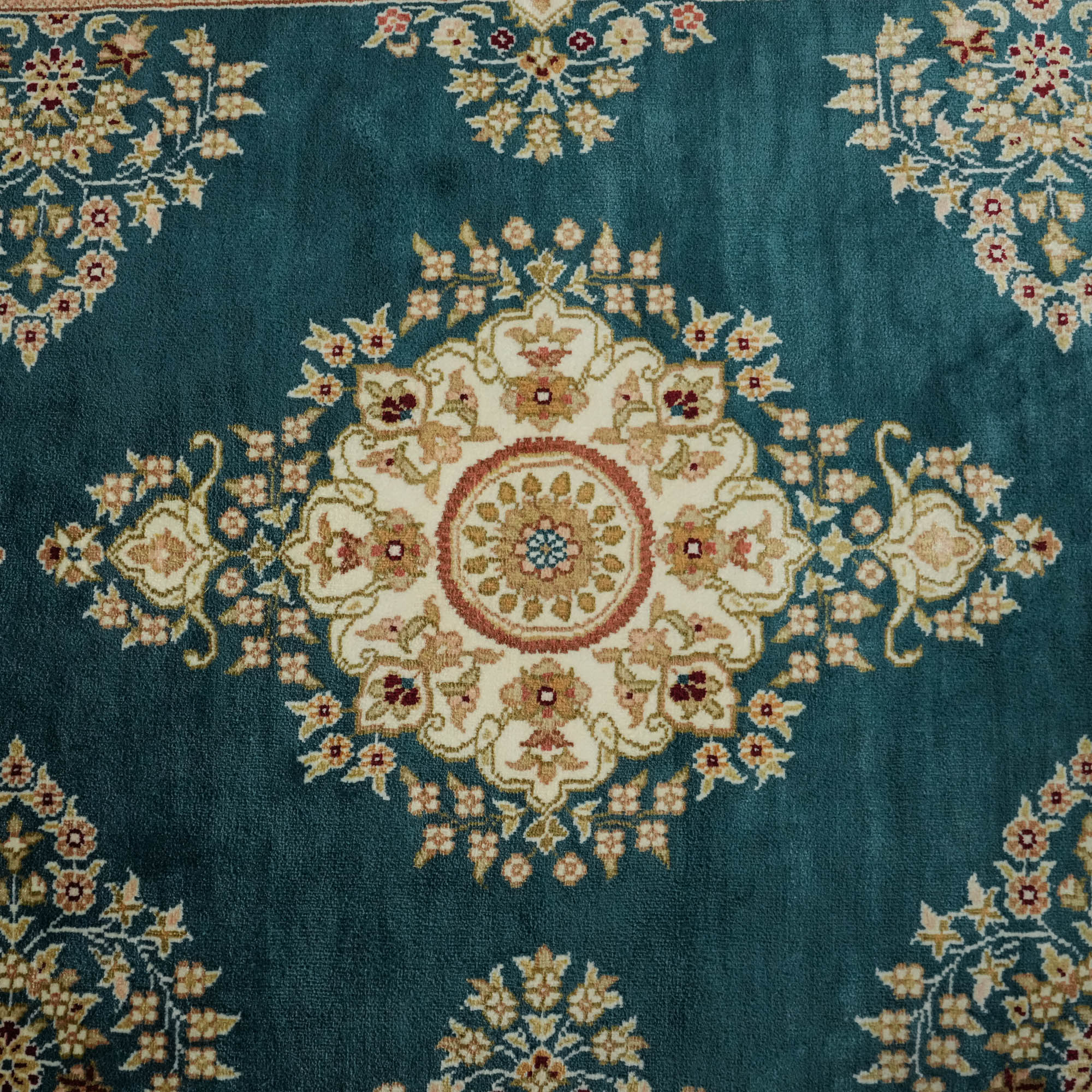 Hand-Woven Frame Patterned Blue Silk Carpet