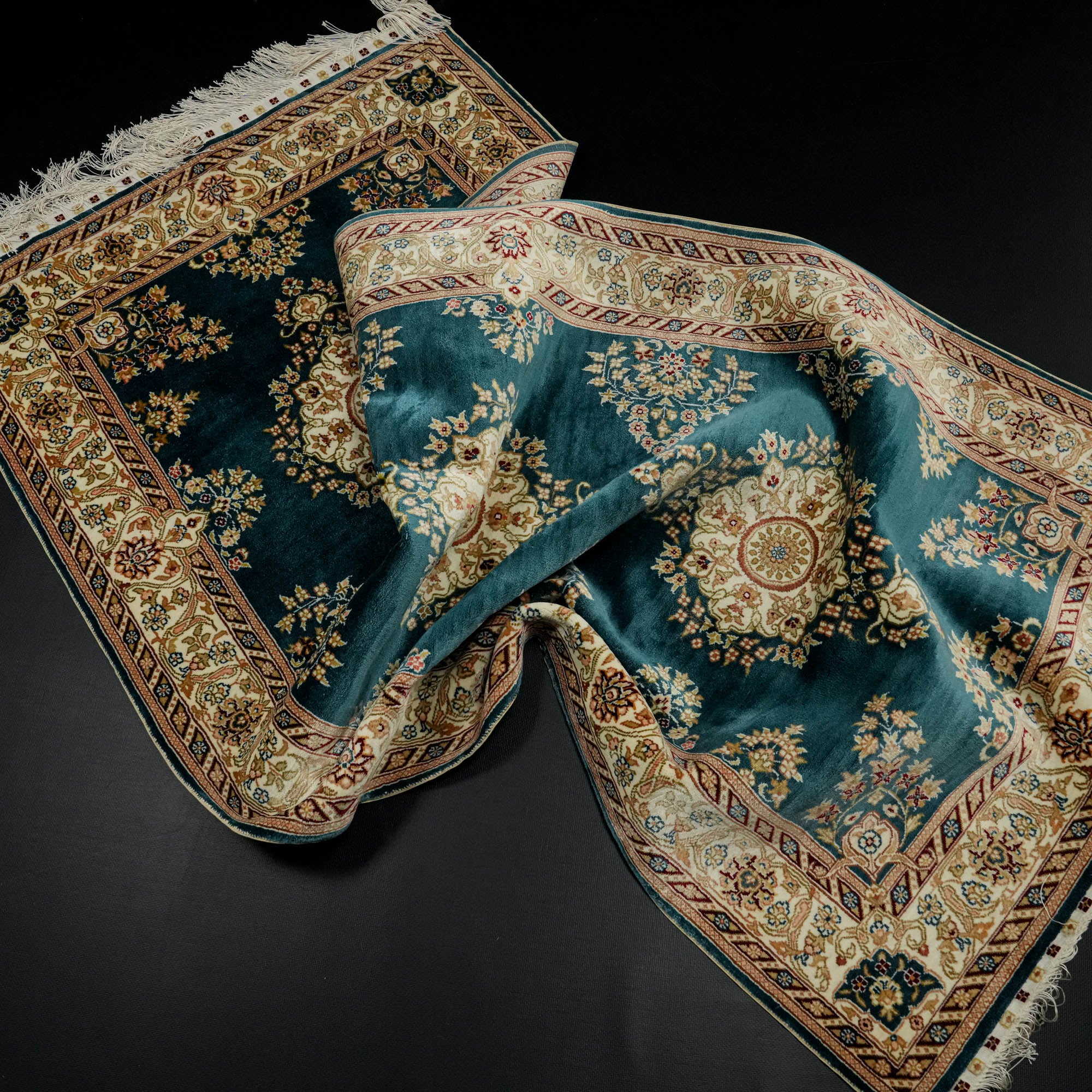 Hand-Woven Frame Patterned Blue Silk Carpet