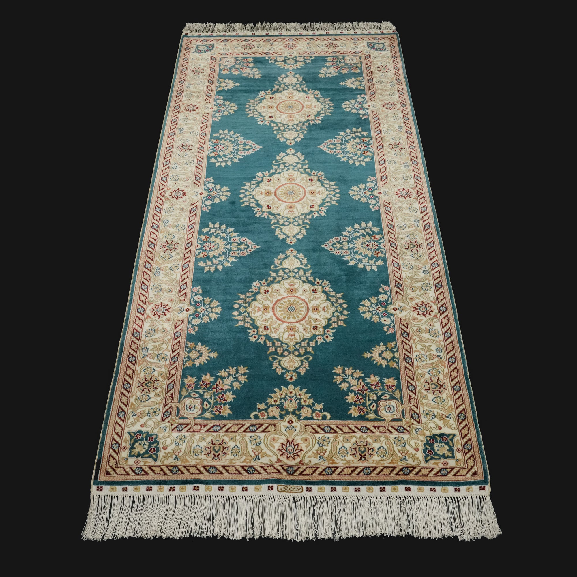 Hand-Woven Frame Patterned Blue Silk Carpet