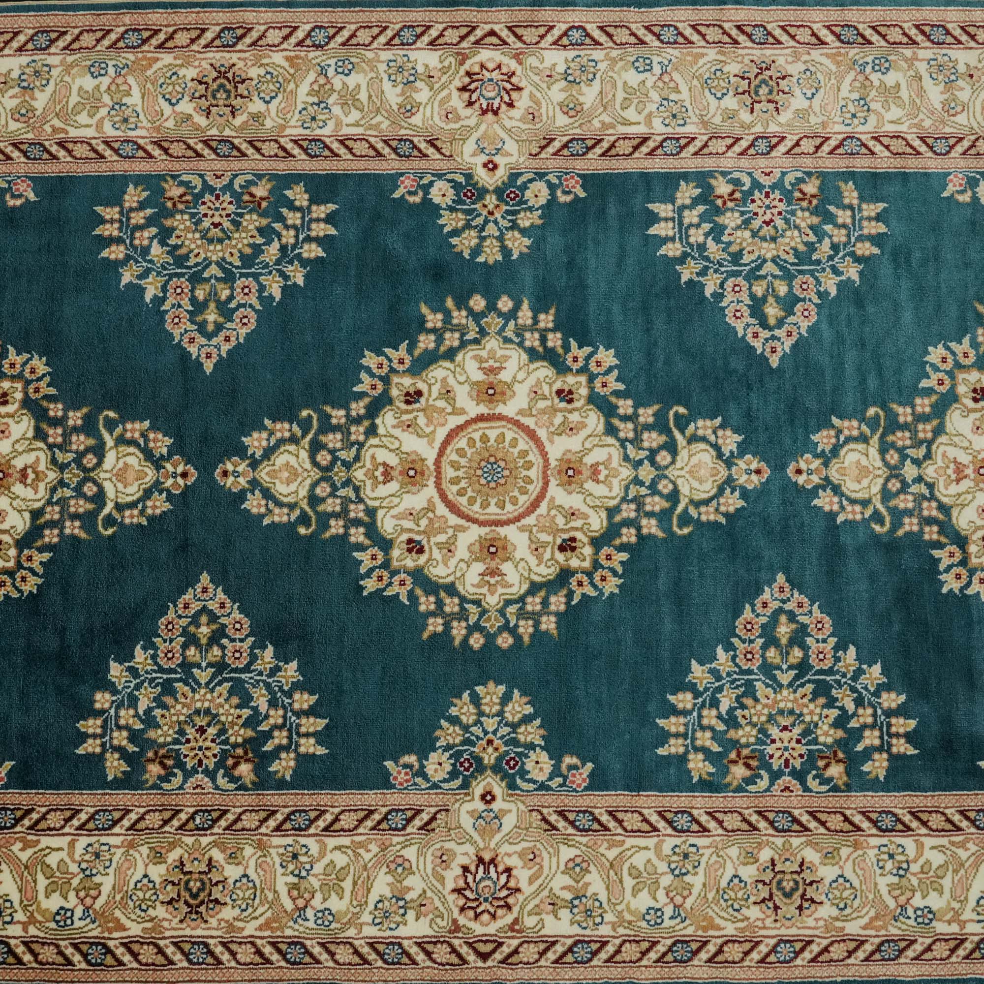 Hand-Woven Frame Patterned Blue Silk Carpet