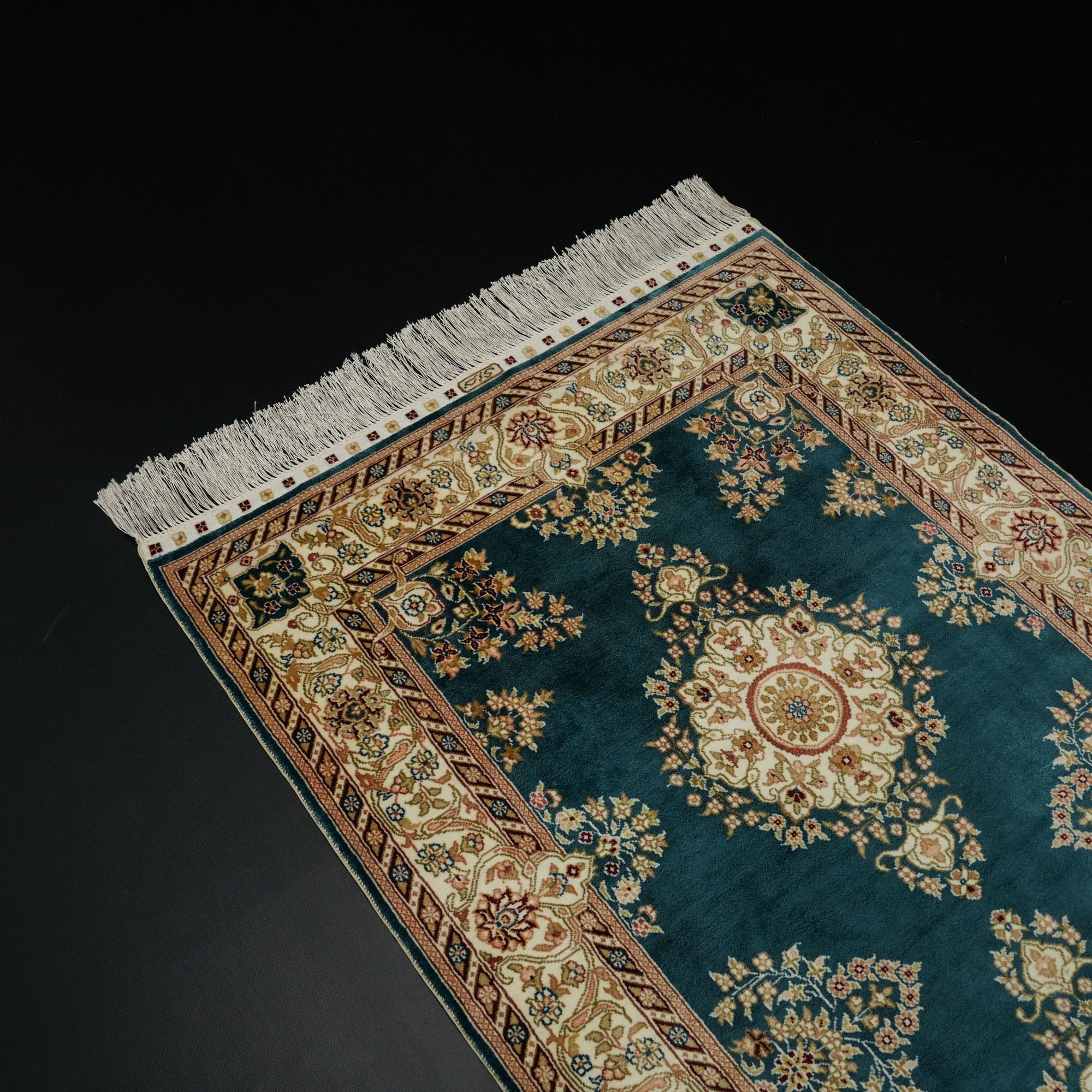 Hand-Woven Frame Patterned Blue Silk Carpet