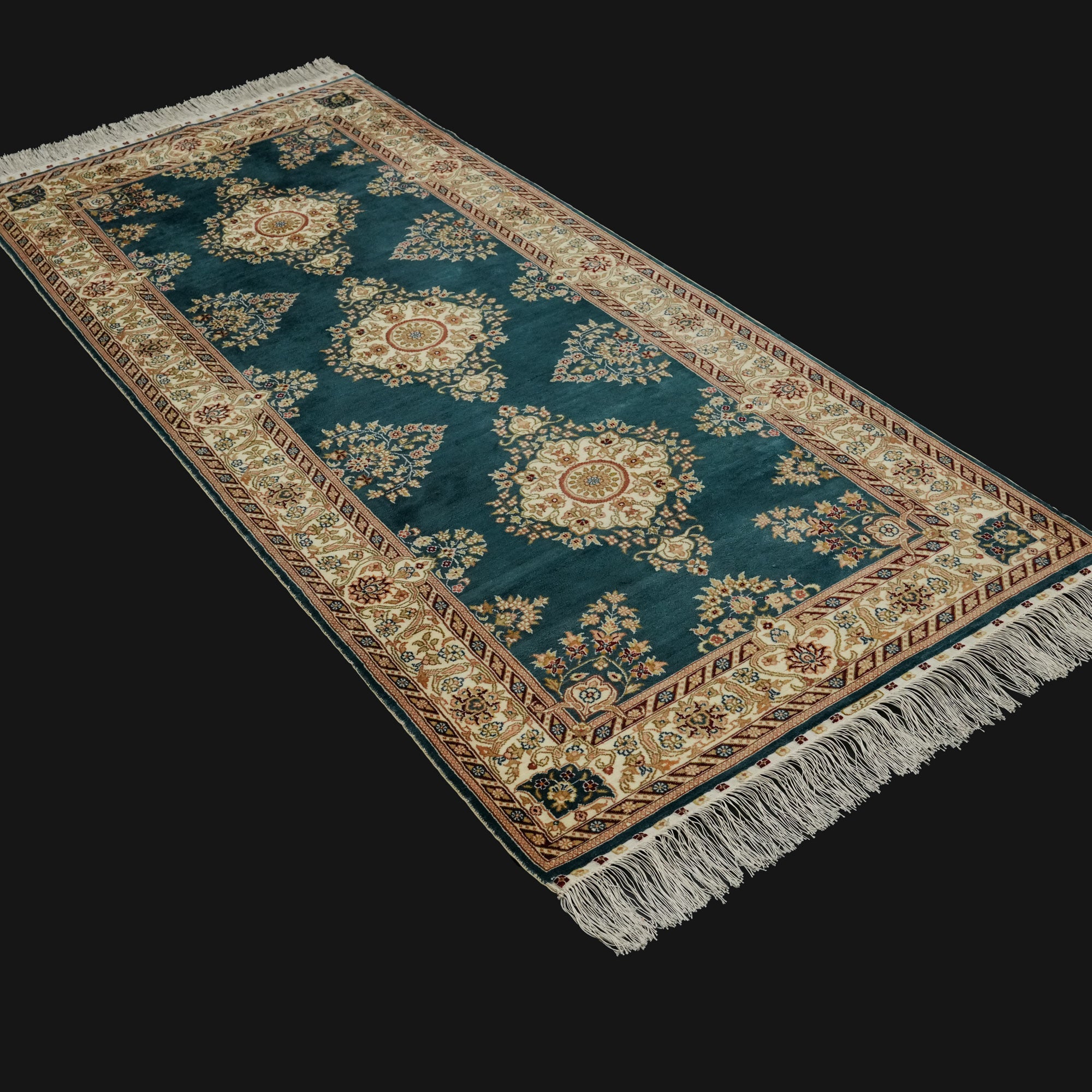 Hand-Woven Frame Patterned Blue Silk Carpet