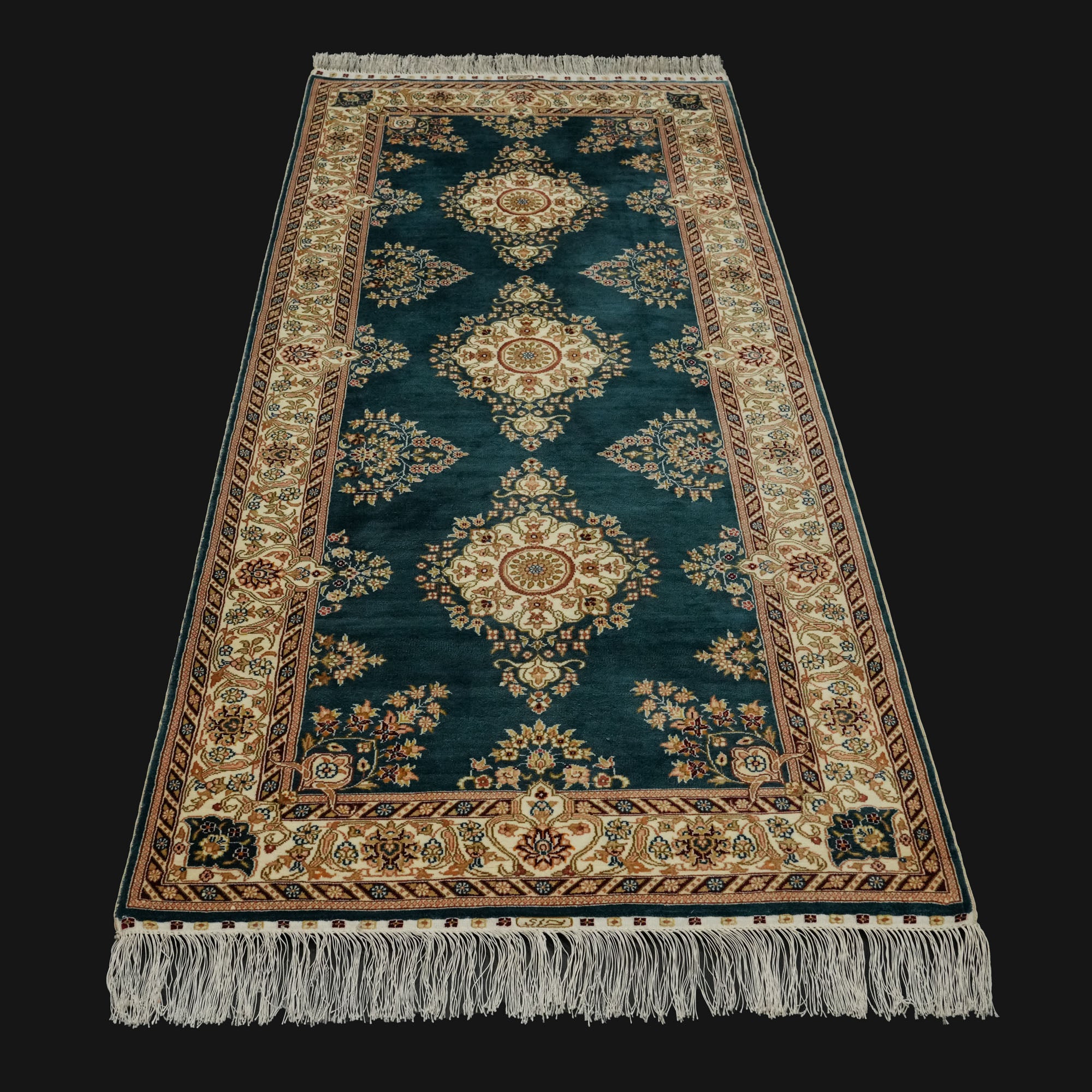 Hand-Woven Frame Patterned Blue Silk Carpet