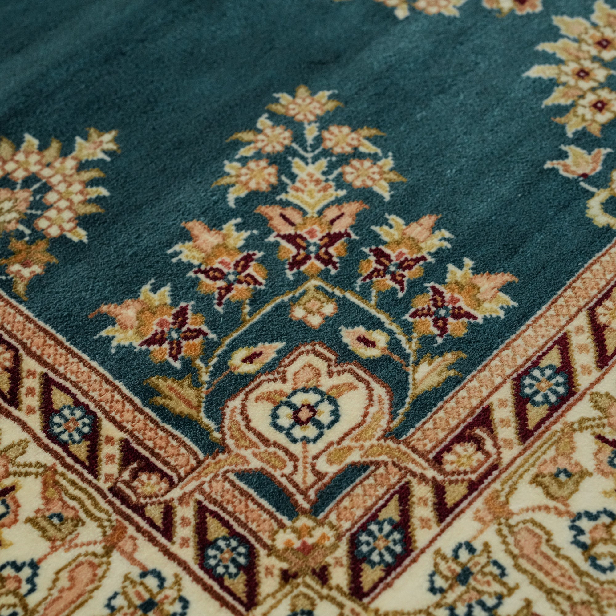 Hand-Woven Frame Patterned Blue Silk Carpet