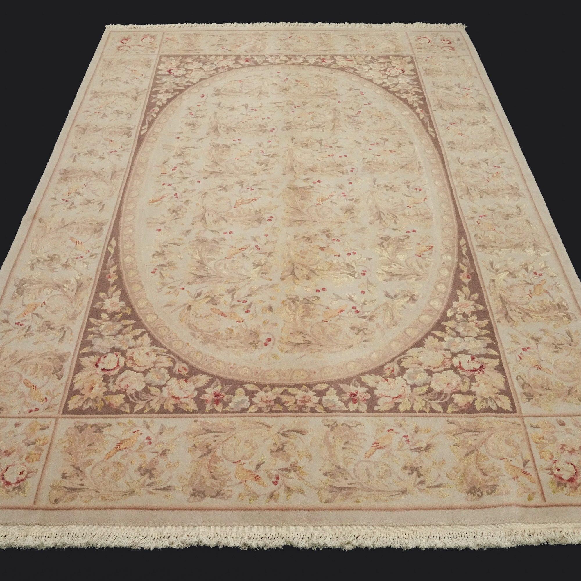 Hand Woven Flower Patterned Cream Wool Carpet