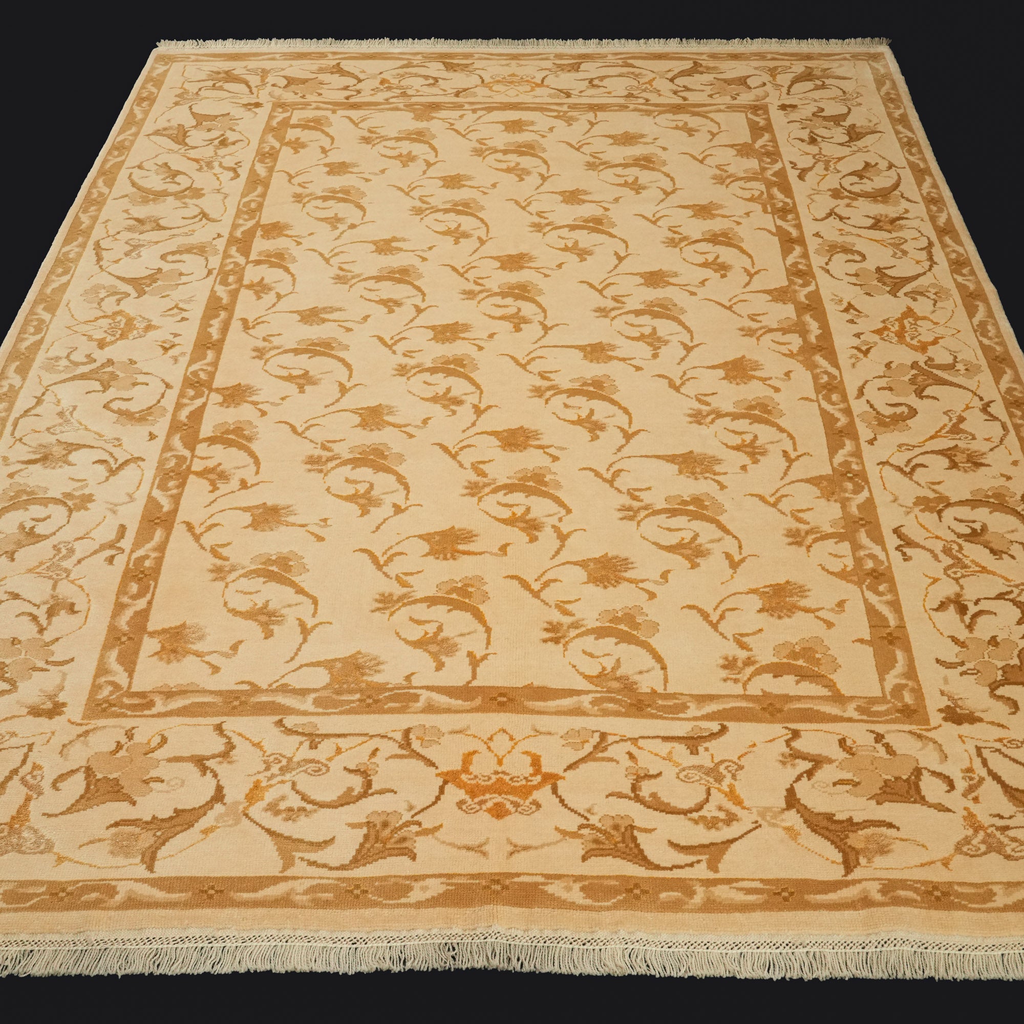 Handwoven Flower Patterned Cream Wool Rug