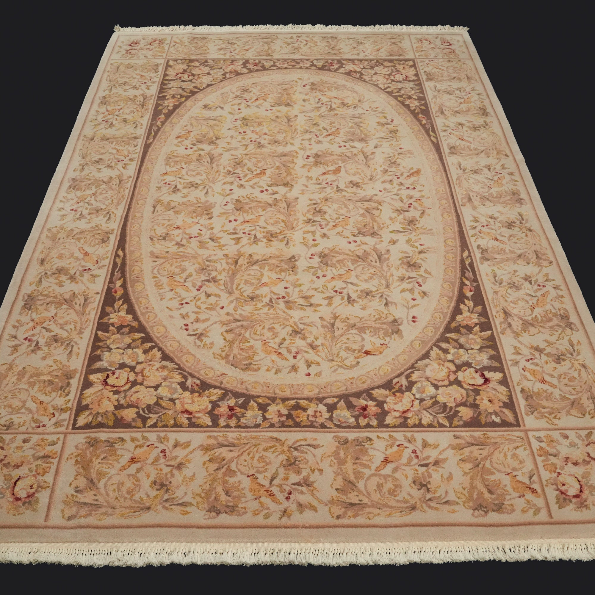 Hand Woven Flower Patterned Cream Wool Carpet