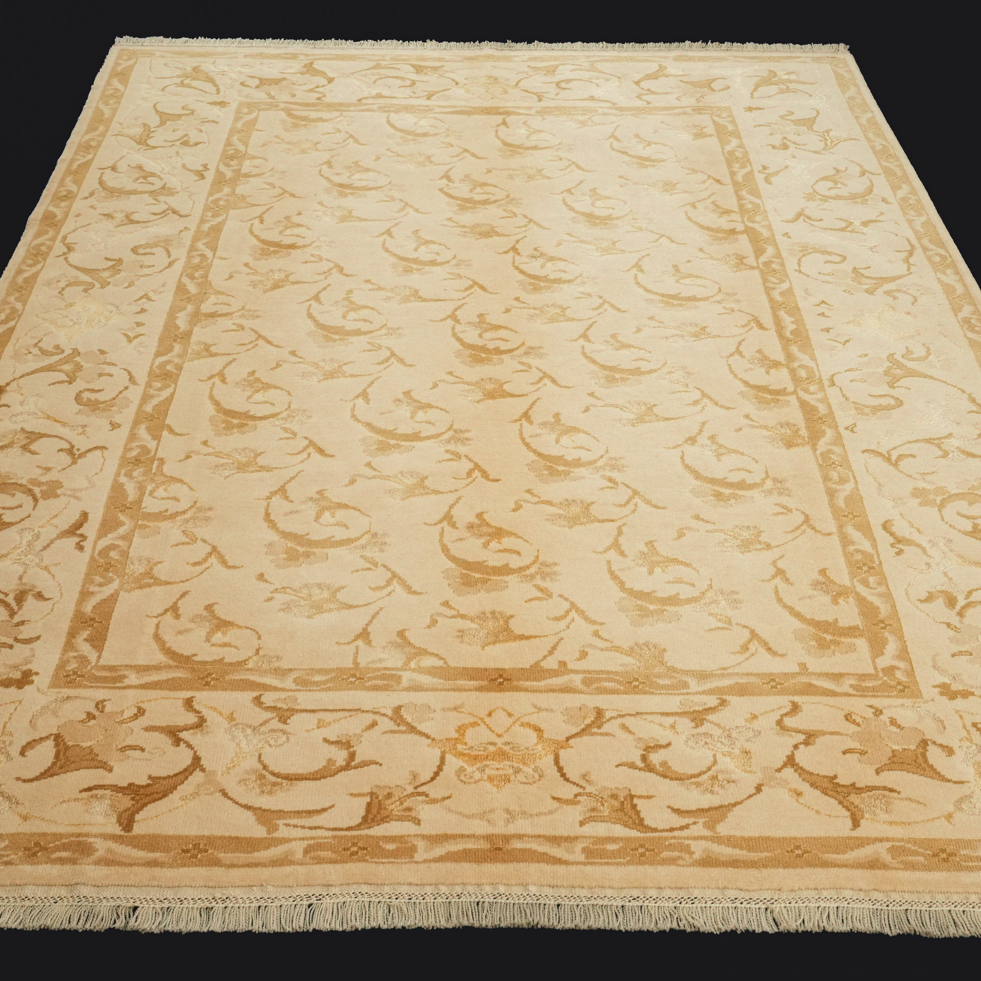 Handwoven Flower Patterned Cream Wool Rug