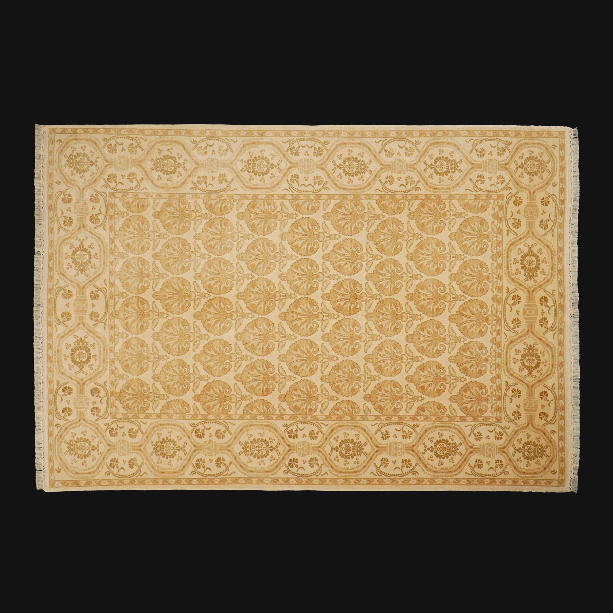 Handwoven Damask Pattern Cream Wool Rug