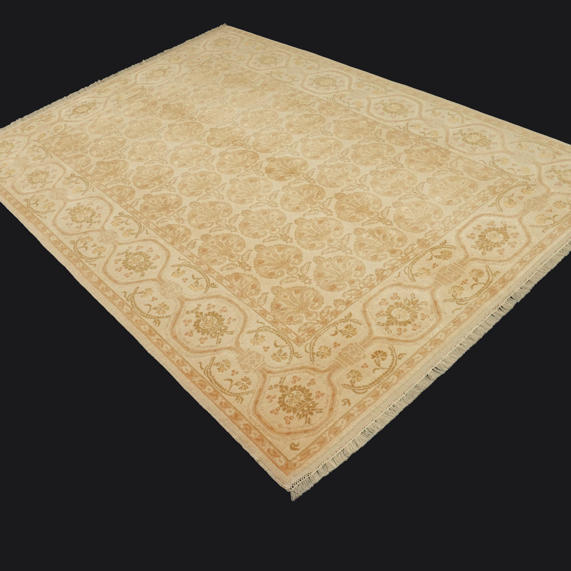 Handwoven Damask Pattern Cream Wool Rug