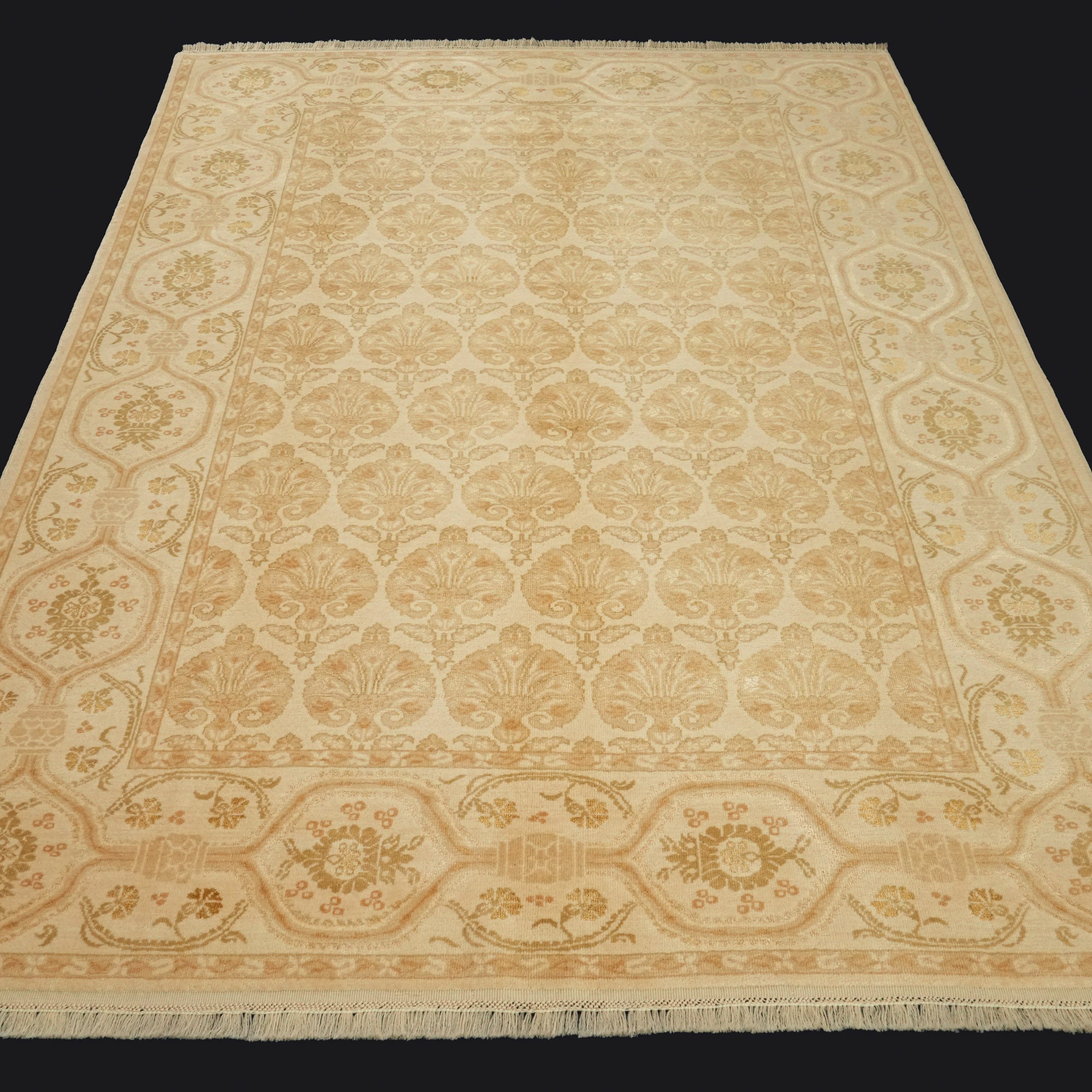 Handwoven Damask Pattern Cream Wool Rug