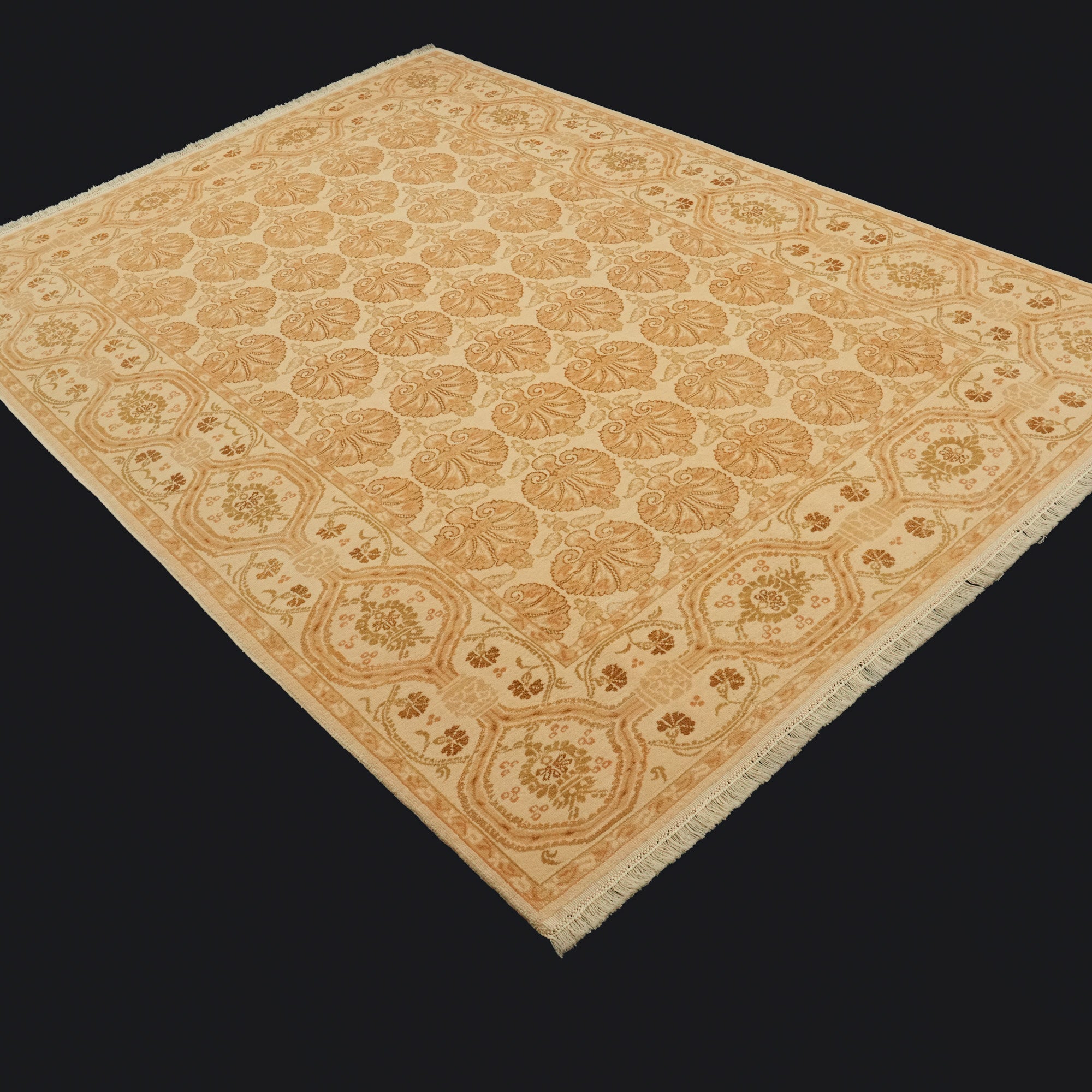 Handwoven Damask Pattern Cream Wool Rug