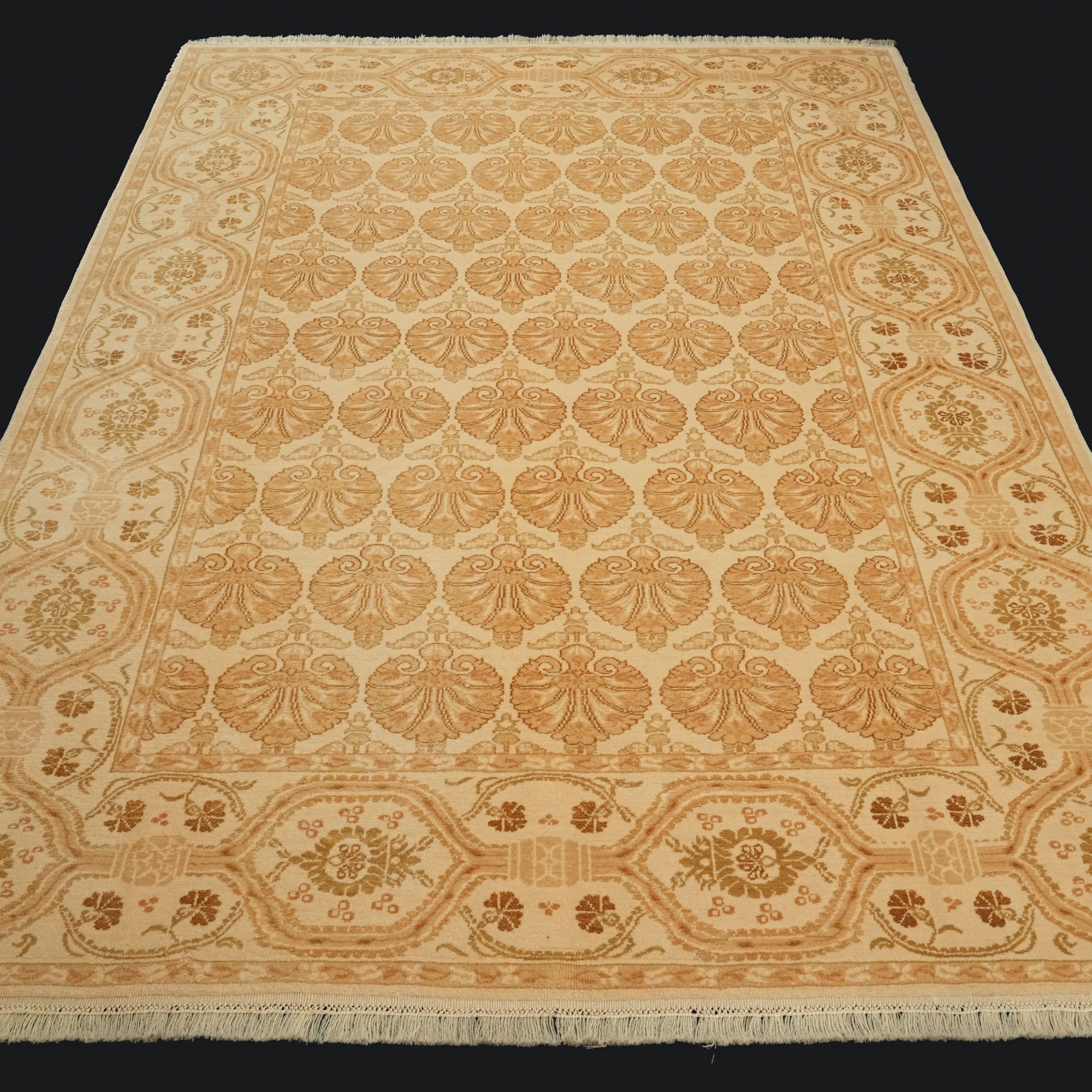 Handwoven Damask Pattern Cream Wool Rug