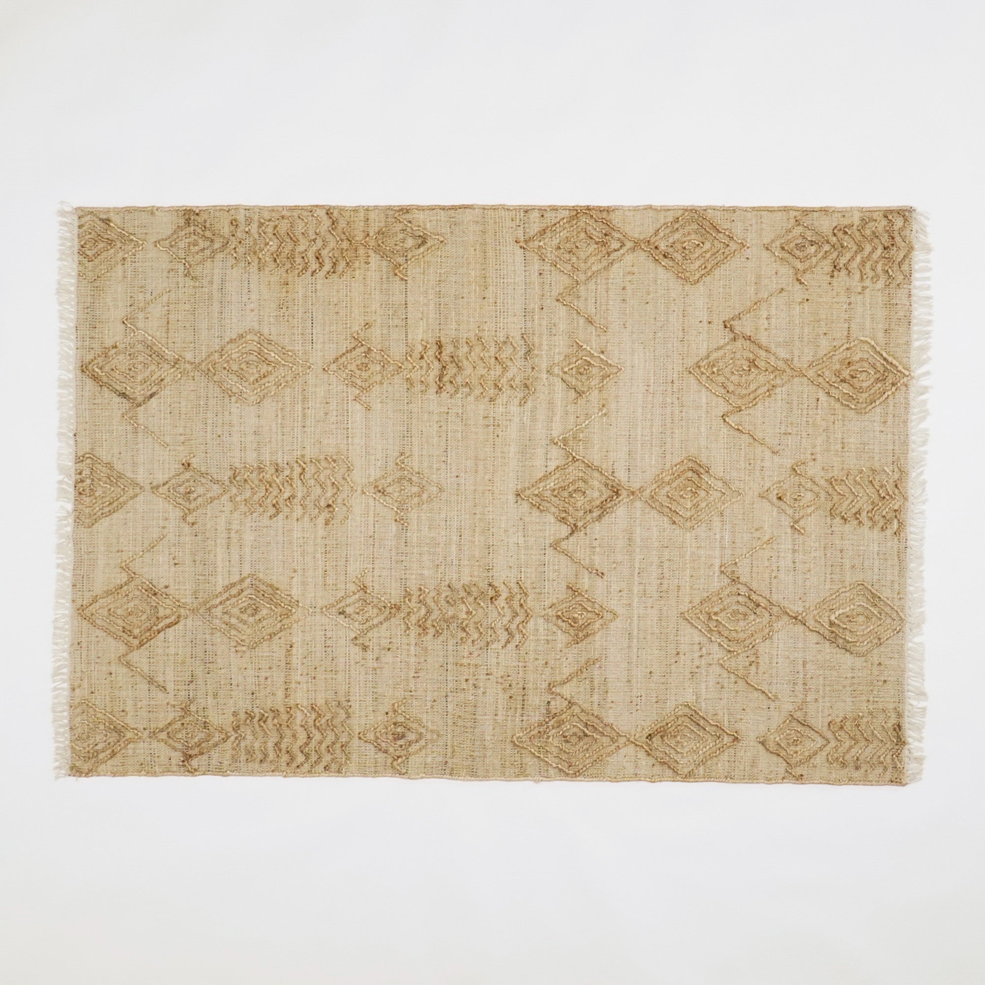 Hand Woven Geometric Patterned Beige Wicker Rug