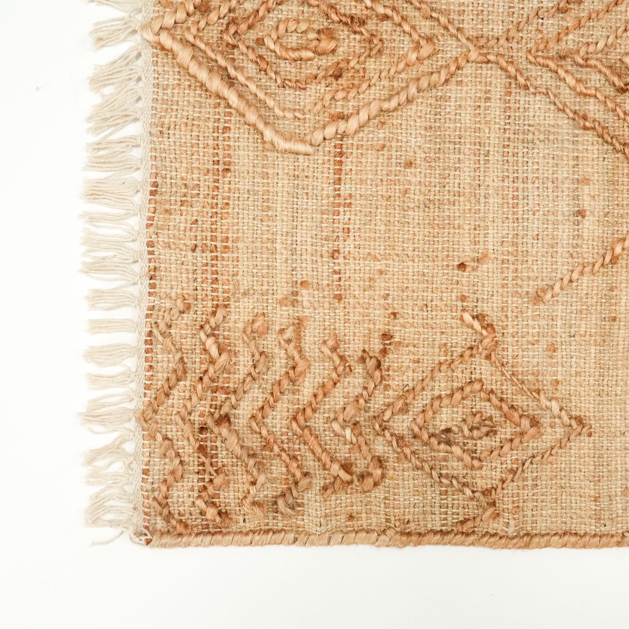 Hand Woven Geometric Patterned Beige Wicker Rug