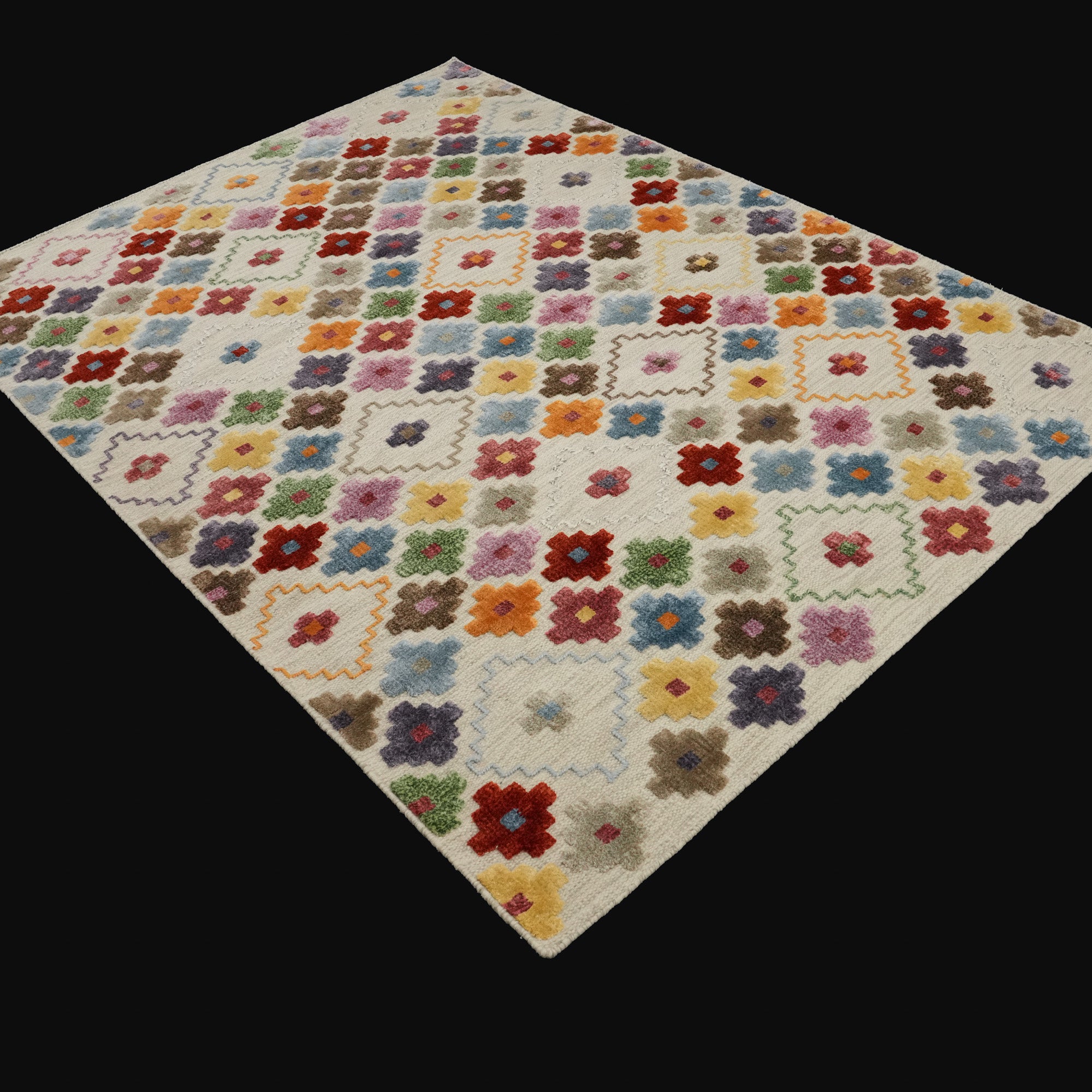 Colorful Hand-Woven Wool Rug with Geometric Pattern