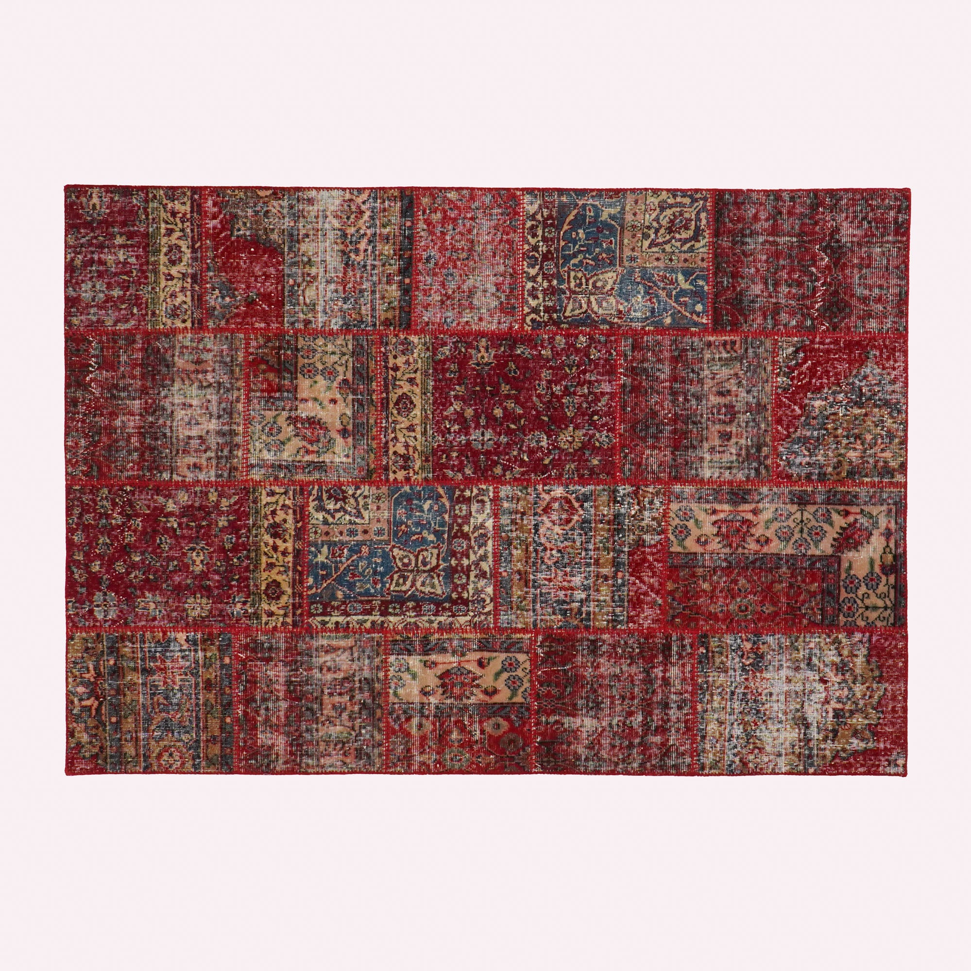 Handwoven Patchwork Patterned Wool Red Ethnic Rug