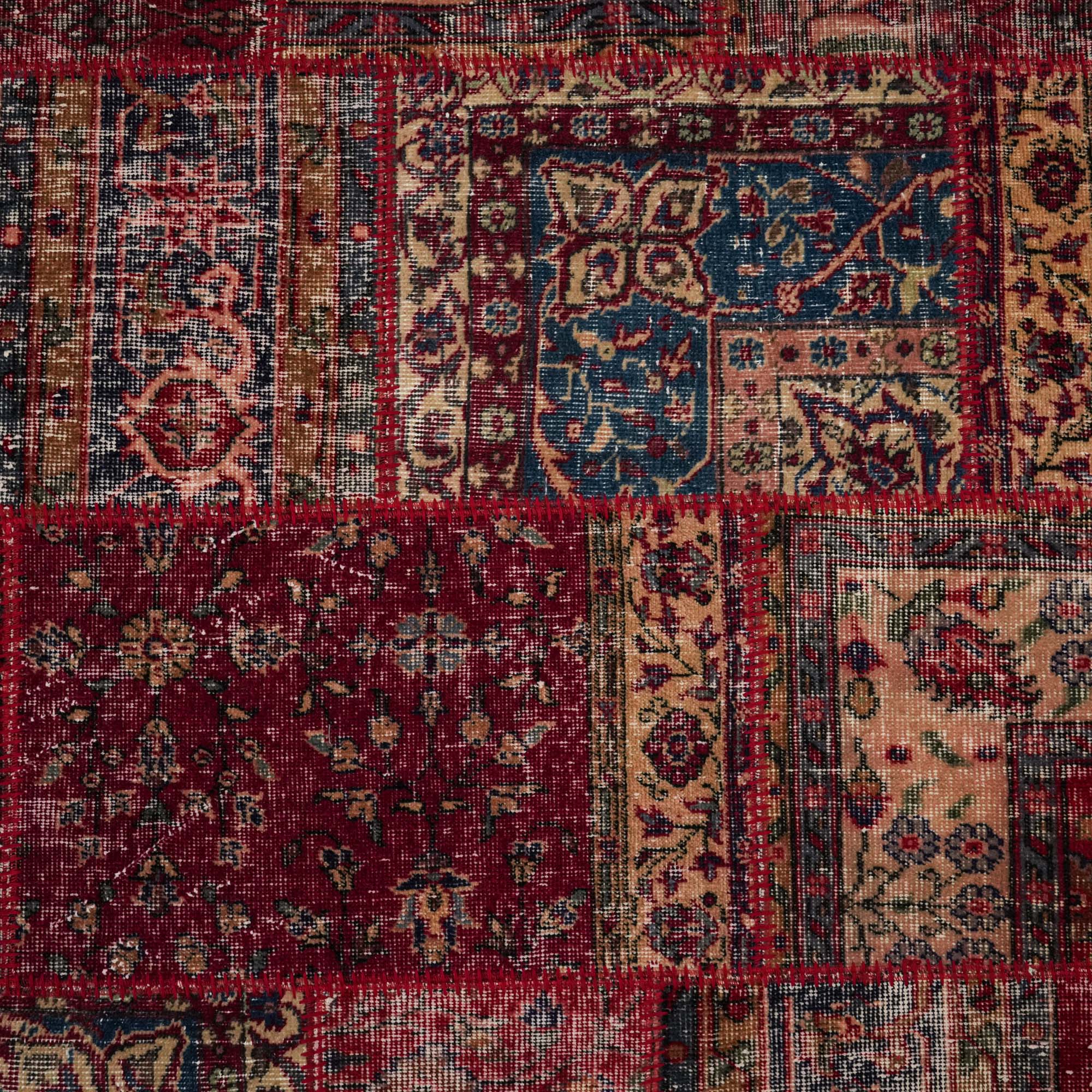 Handwoven Patchwork Patterned Wool Red Ethnic Rug