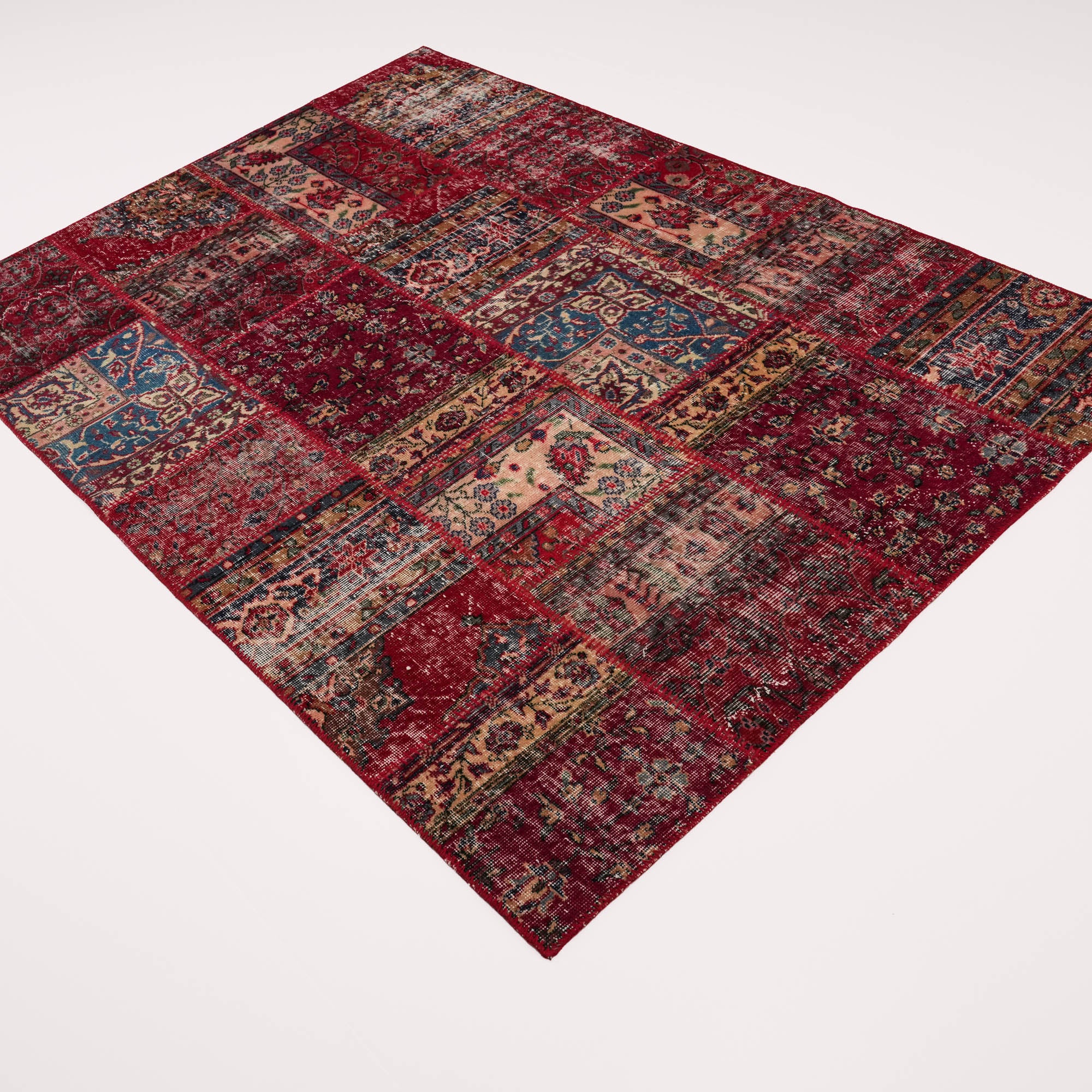 Handwoven Patchwork Patterned Wool Red Ethnic Rug