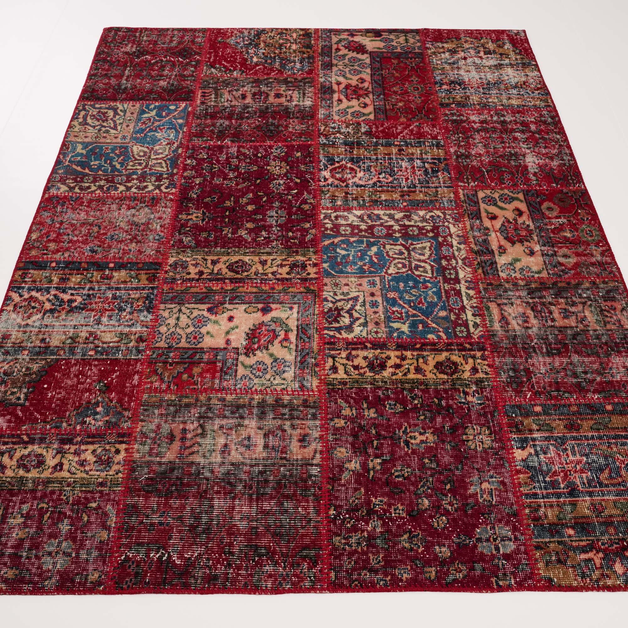 Handwoven Patchwork Patterned Wool Red Ethnic Rug