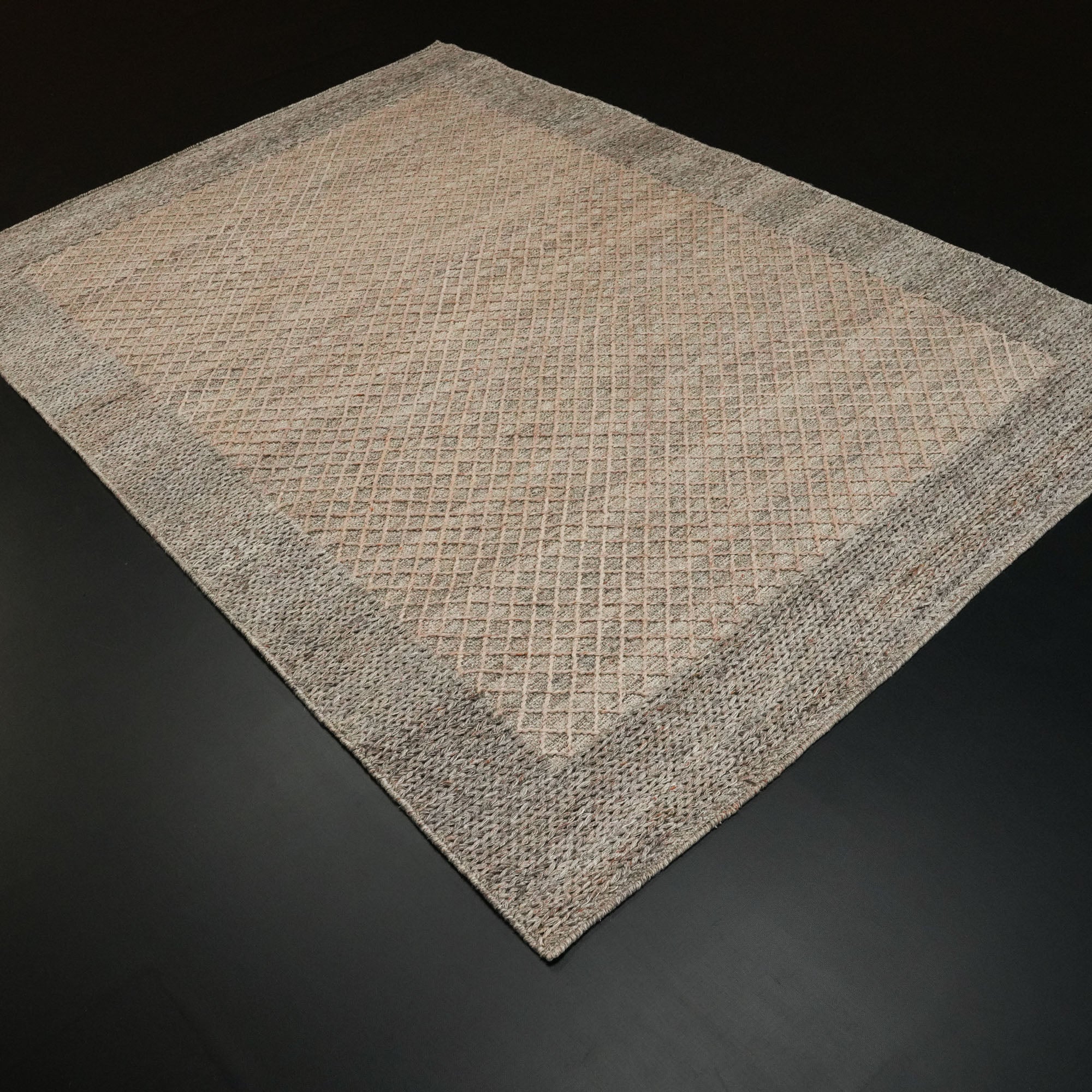 Hand Woven Frame Patterned Beige Wool Carpet