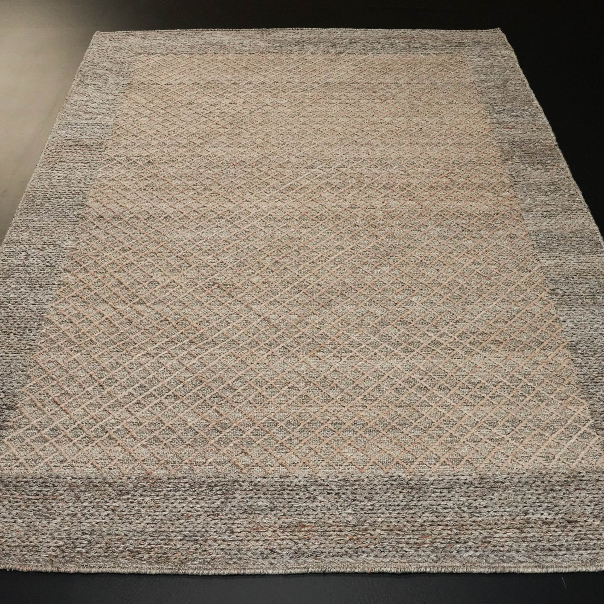 Hand Woven Frame Patterned Beige Wool Carpet