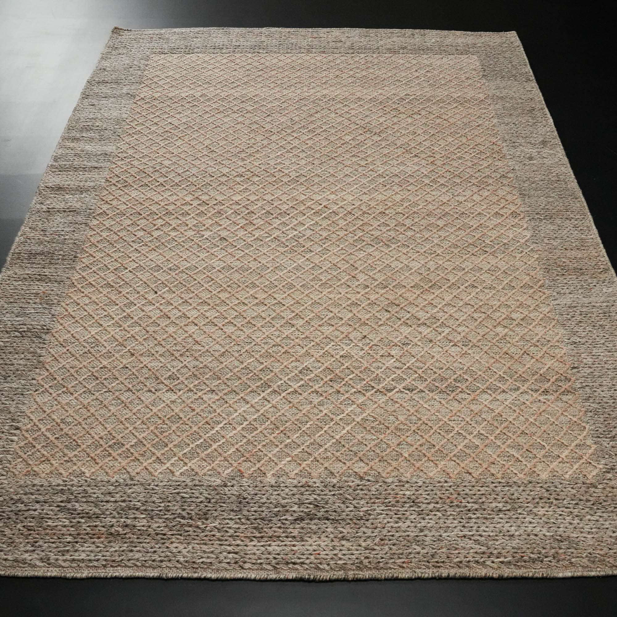 Hand Woven Frame Patterned Beige Wool Carpet