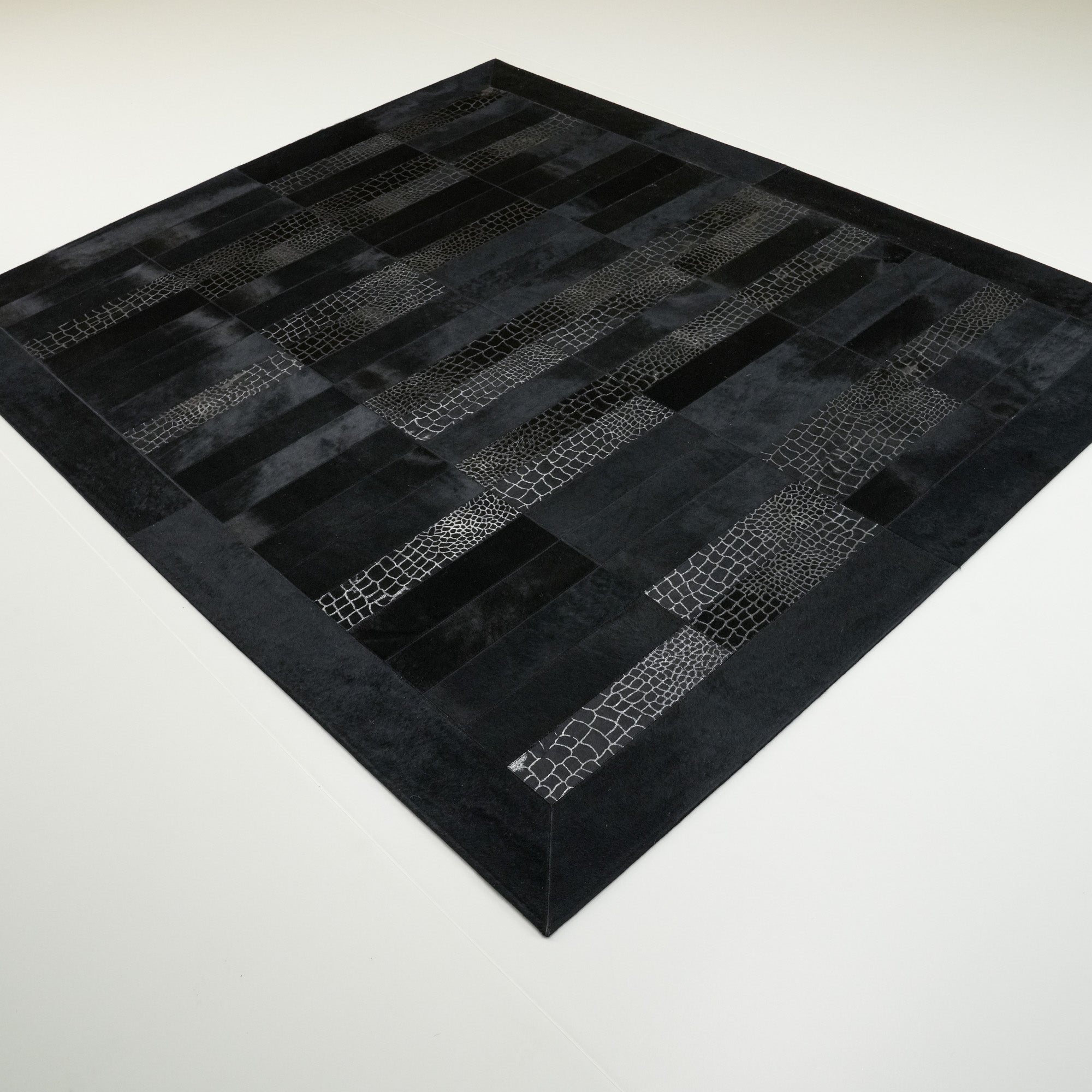 Geometric Patterned Black Leather Rug