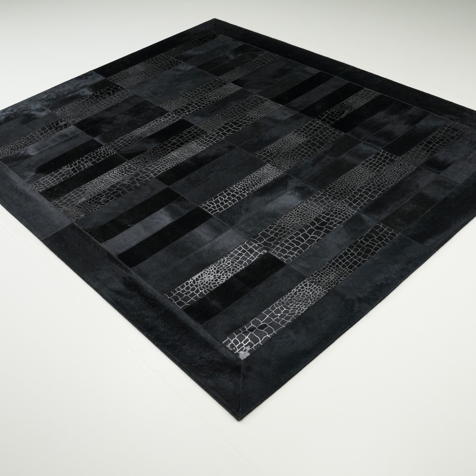 Geometric Patterned Black Leather Rug