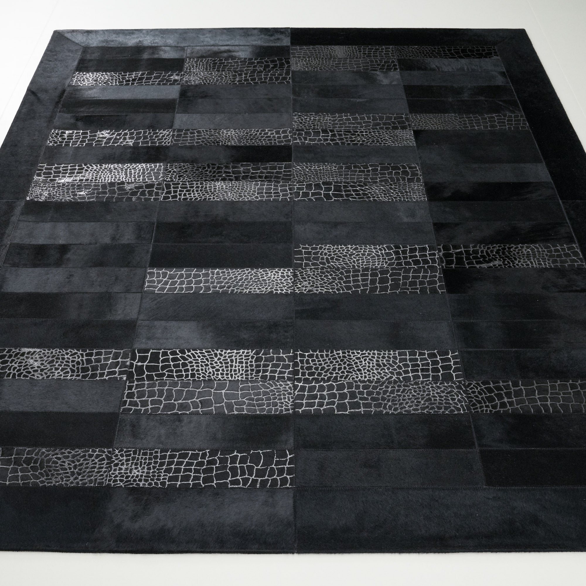 Geometric Patterned Black Leather Rug