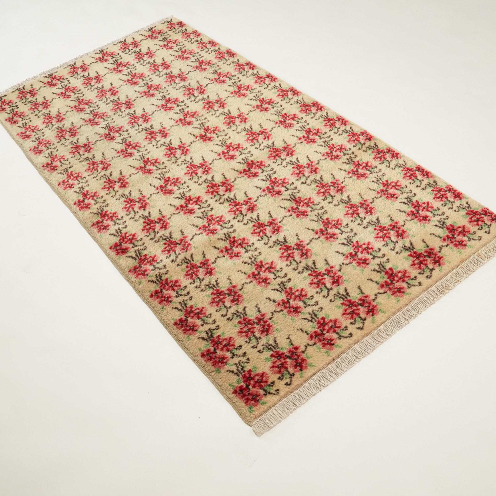 Second Hand Floral Patterned Red Hand Woven Cotton Wool Isparta Carpet