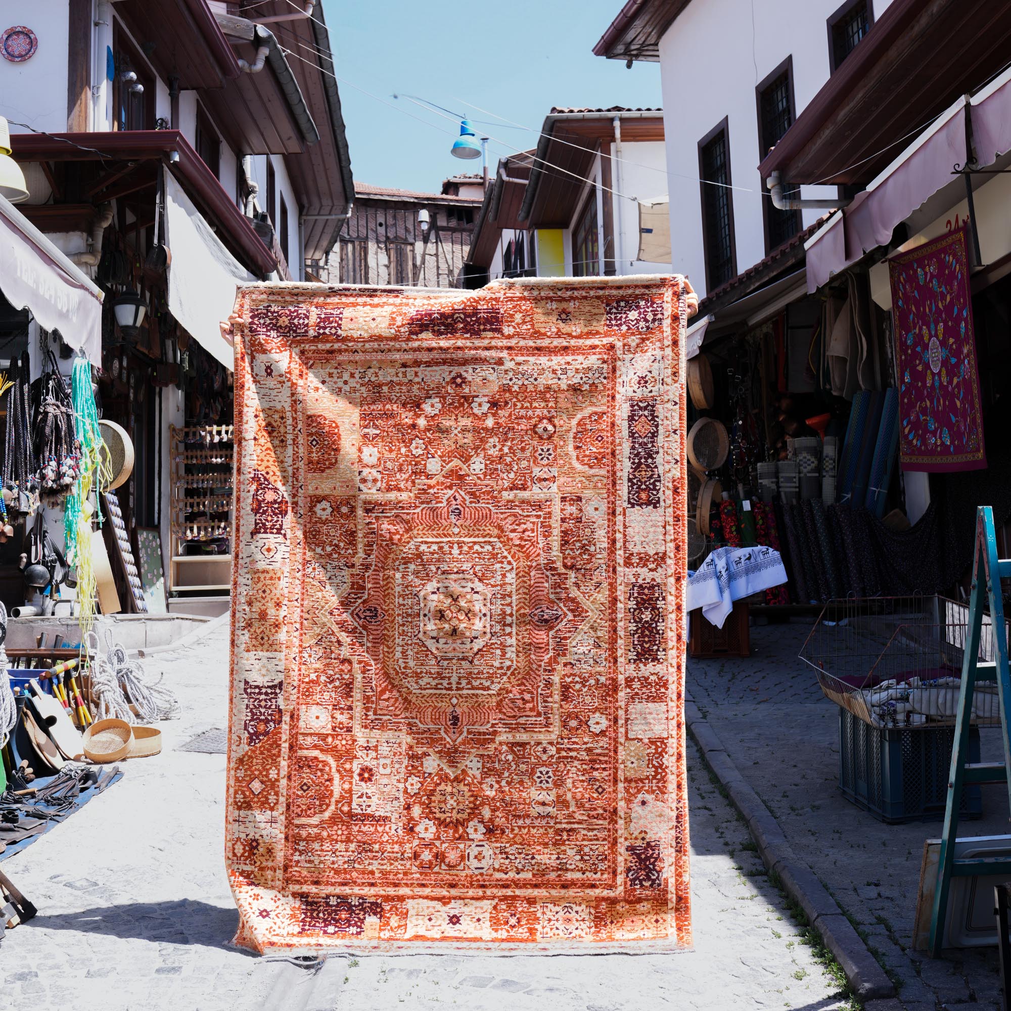 Tempus Series Mamluk Patterned Orange Wool-Bamboo Special Loom Carpet