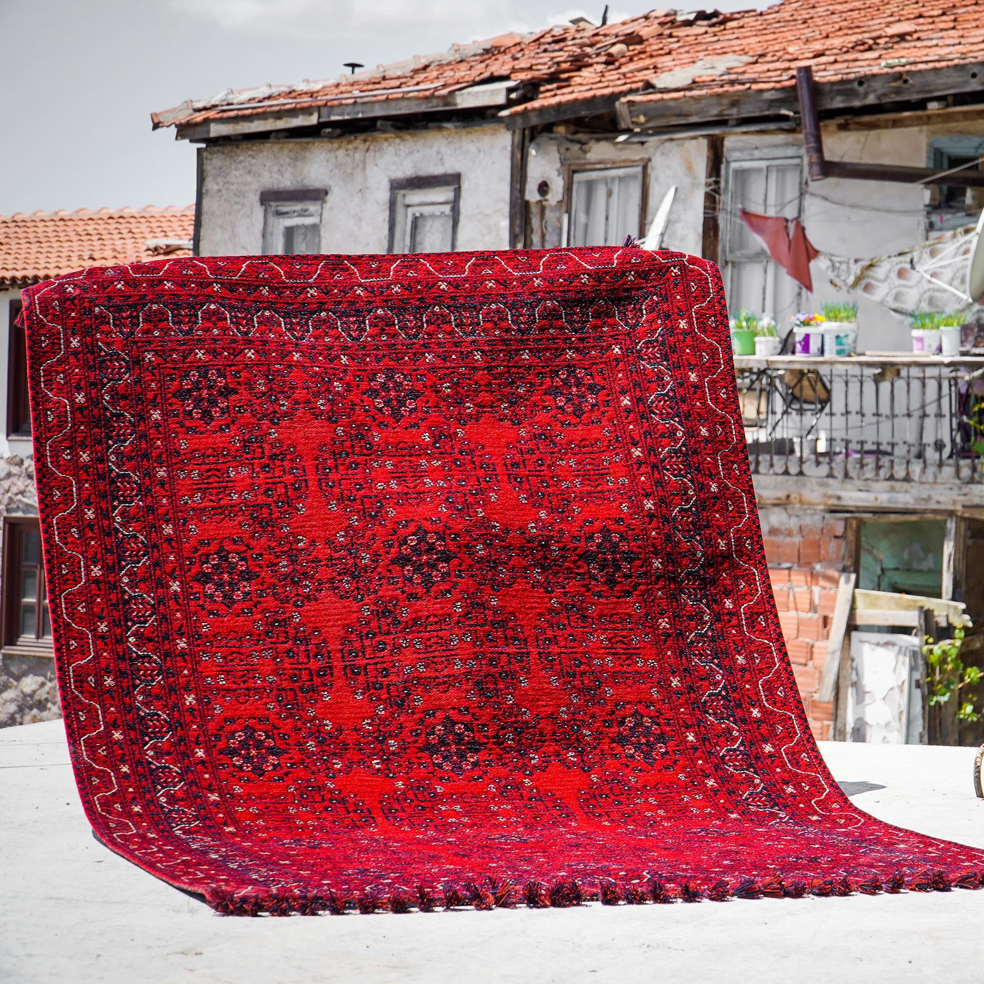 Kehribar Serisi Bordo Renkli Makine Dokuma Afgan Desenli Akrilik Halı