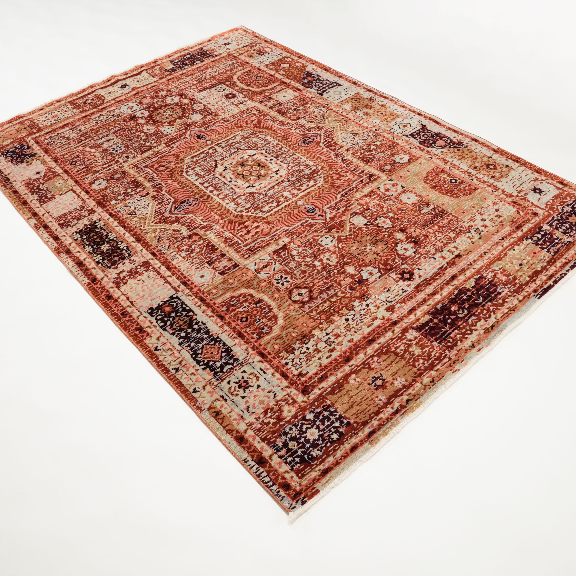 Tempus Series Mamluk Patterned Orange Wool-Bamboo Special Loom Carpet