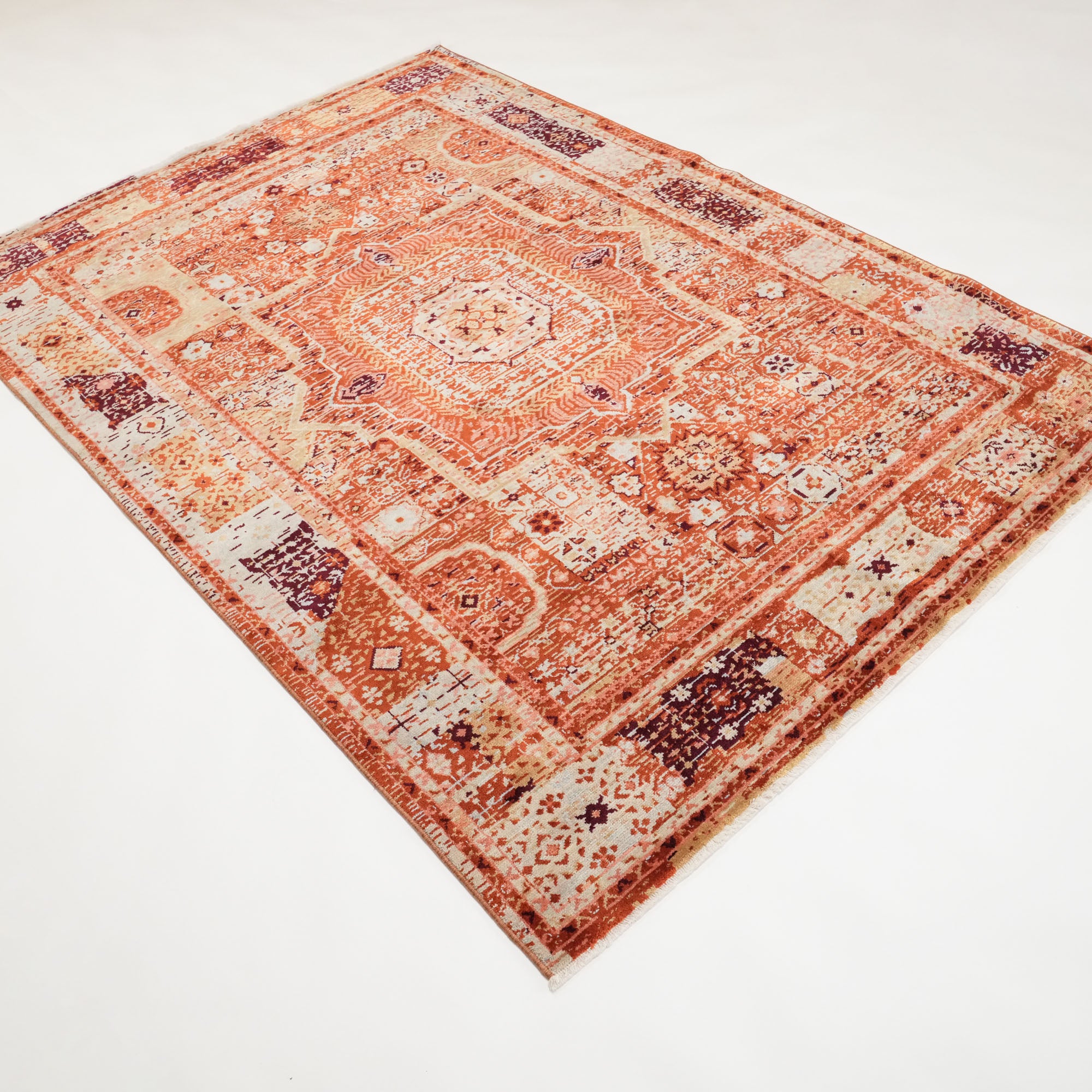 Tempus Series Mamluk Patterned Orange Wool-Bamboo Special Loom Carpet