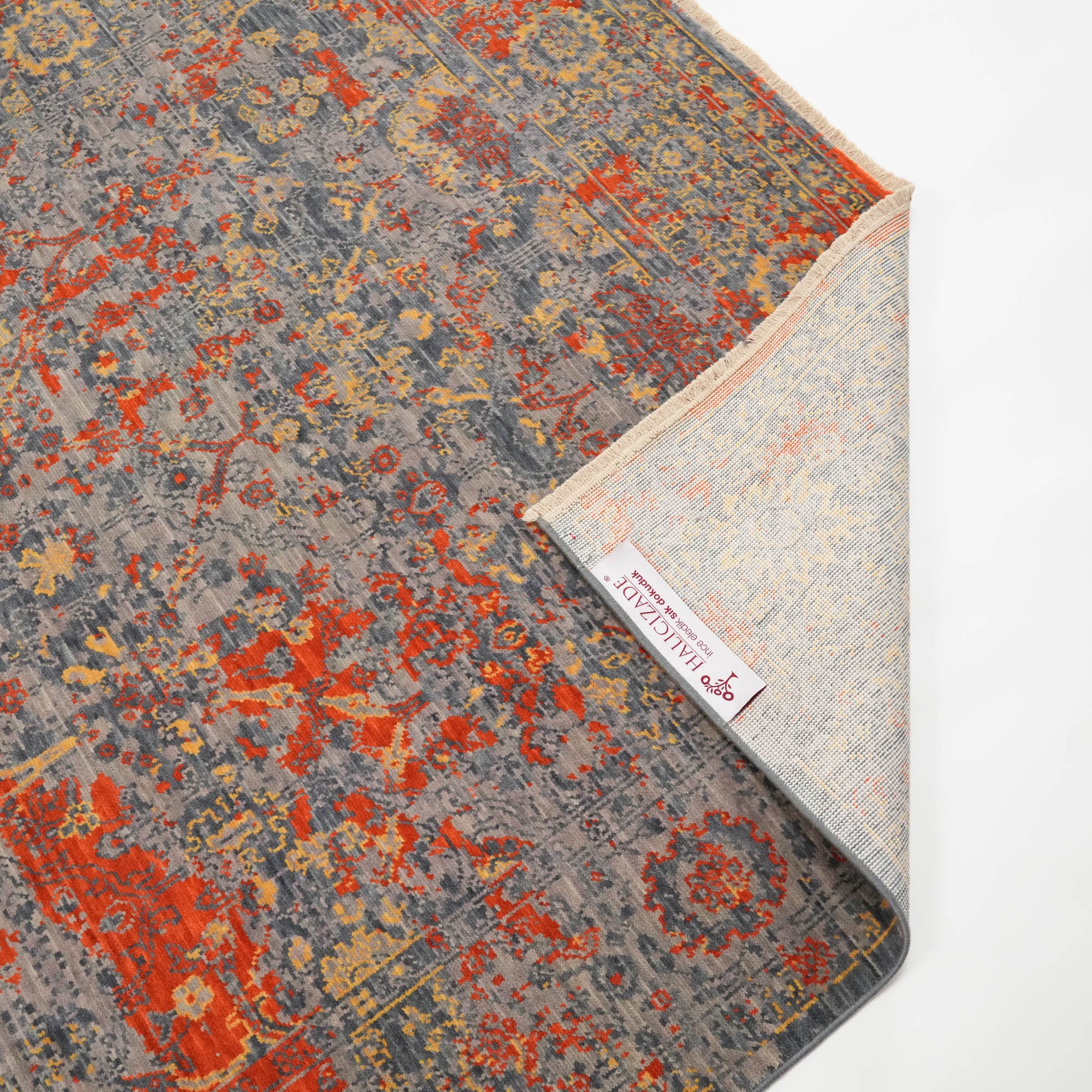 Tempus Series Vintage Patterned Grey/Orange Wool Special Loom Carpet