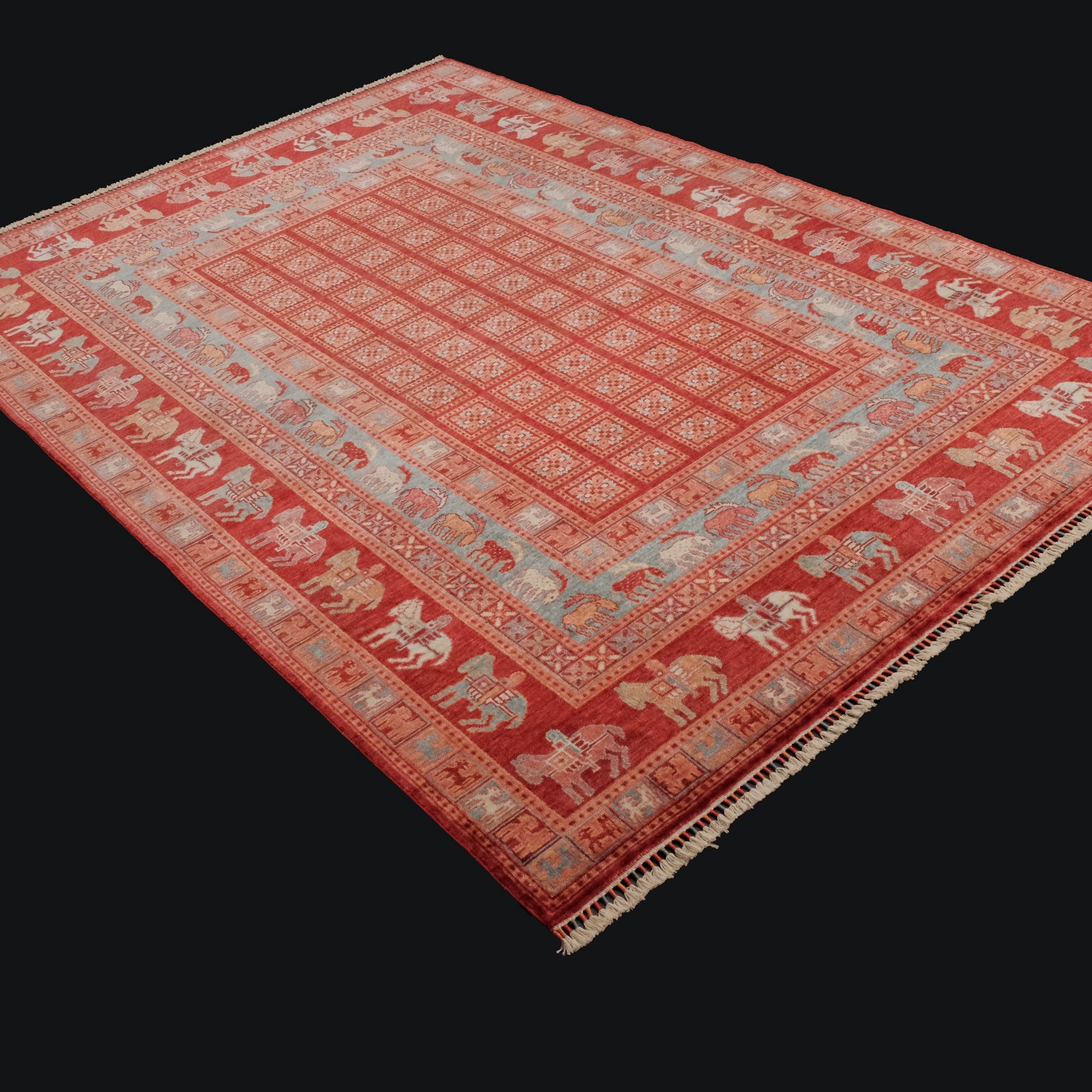 Zade Series Pazyryk Patterned Red Special Loom Woven Natural Carpet